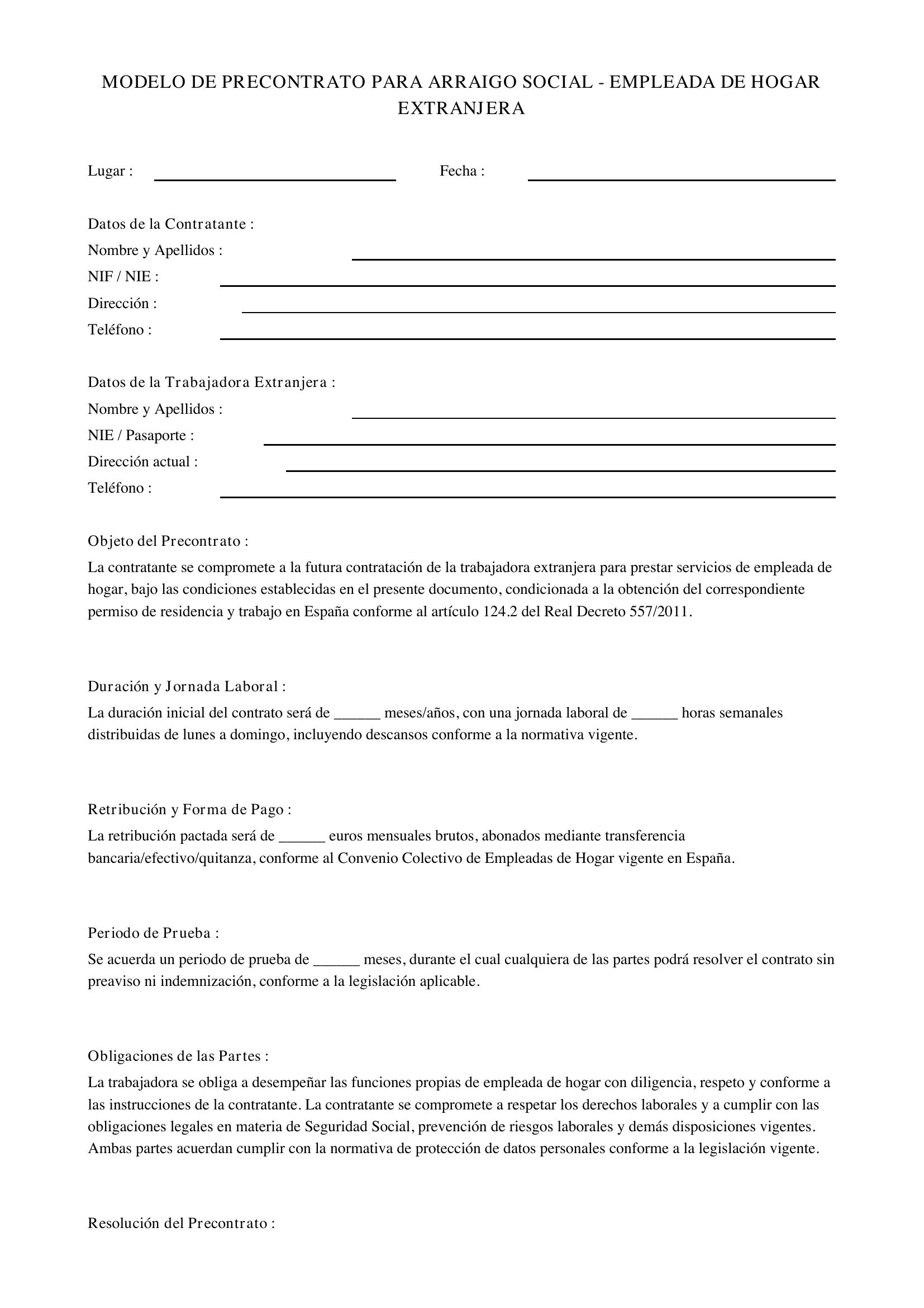 Arraigo Social Modelo Precontrato Empleada Hogar Extranjera