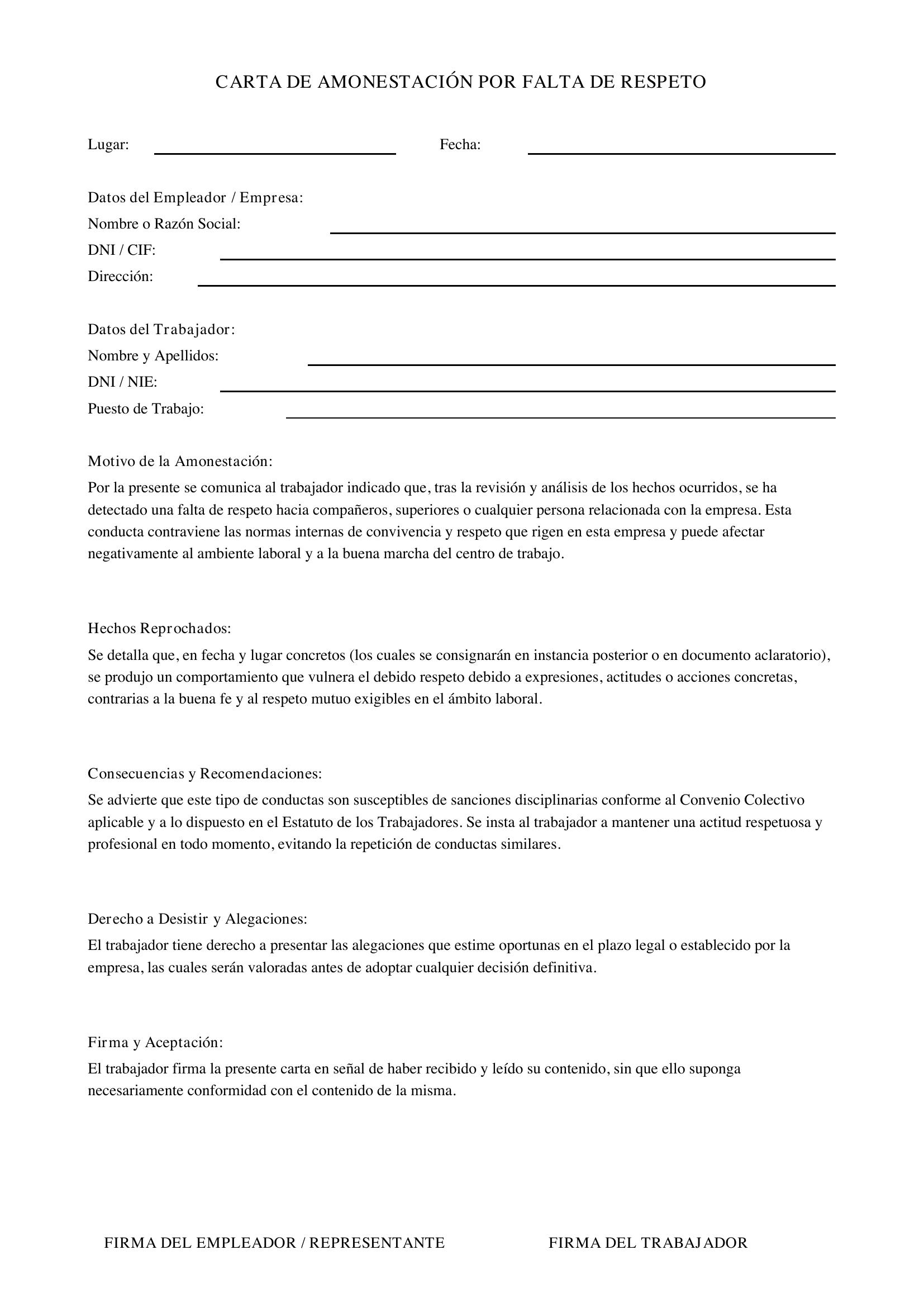Carta De Amonestación Por Falta De Respeto