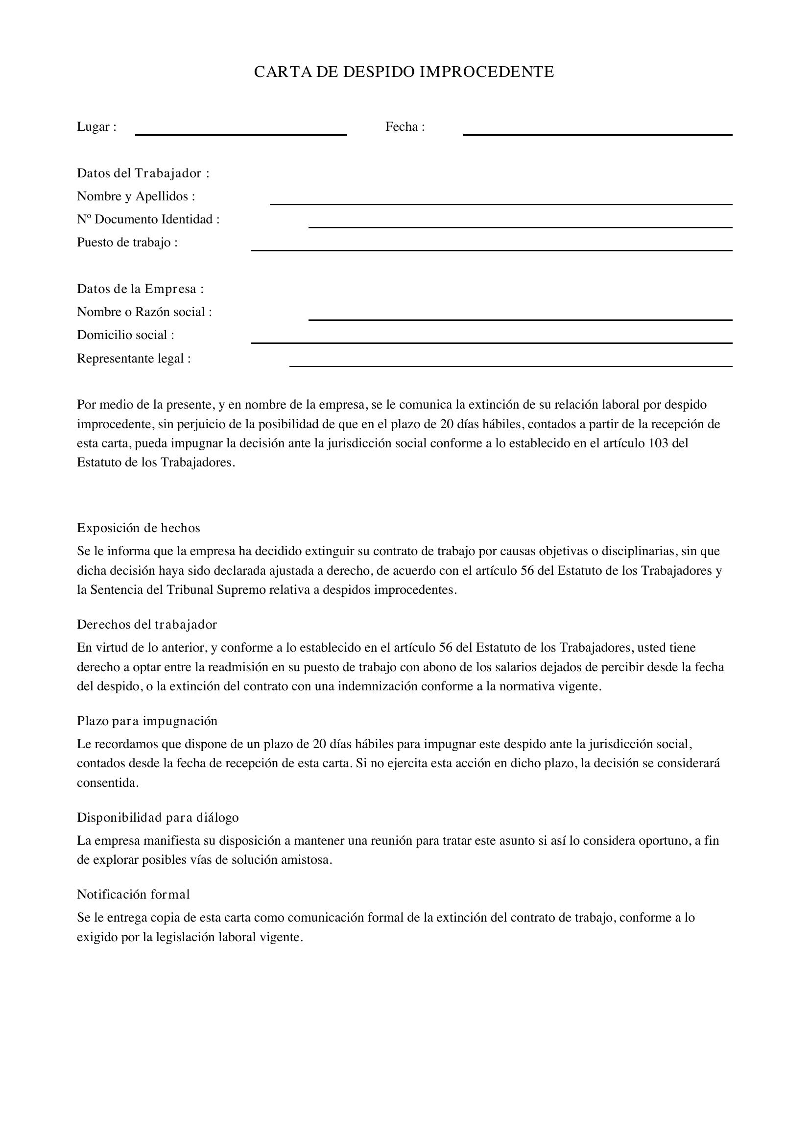 Carta De Despido Improcedente