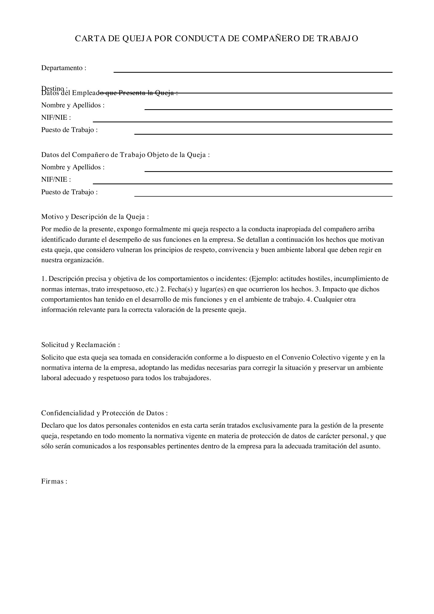 Carta De Queja De Un Compañero De Trabajo