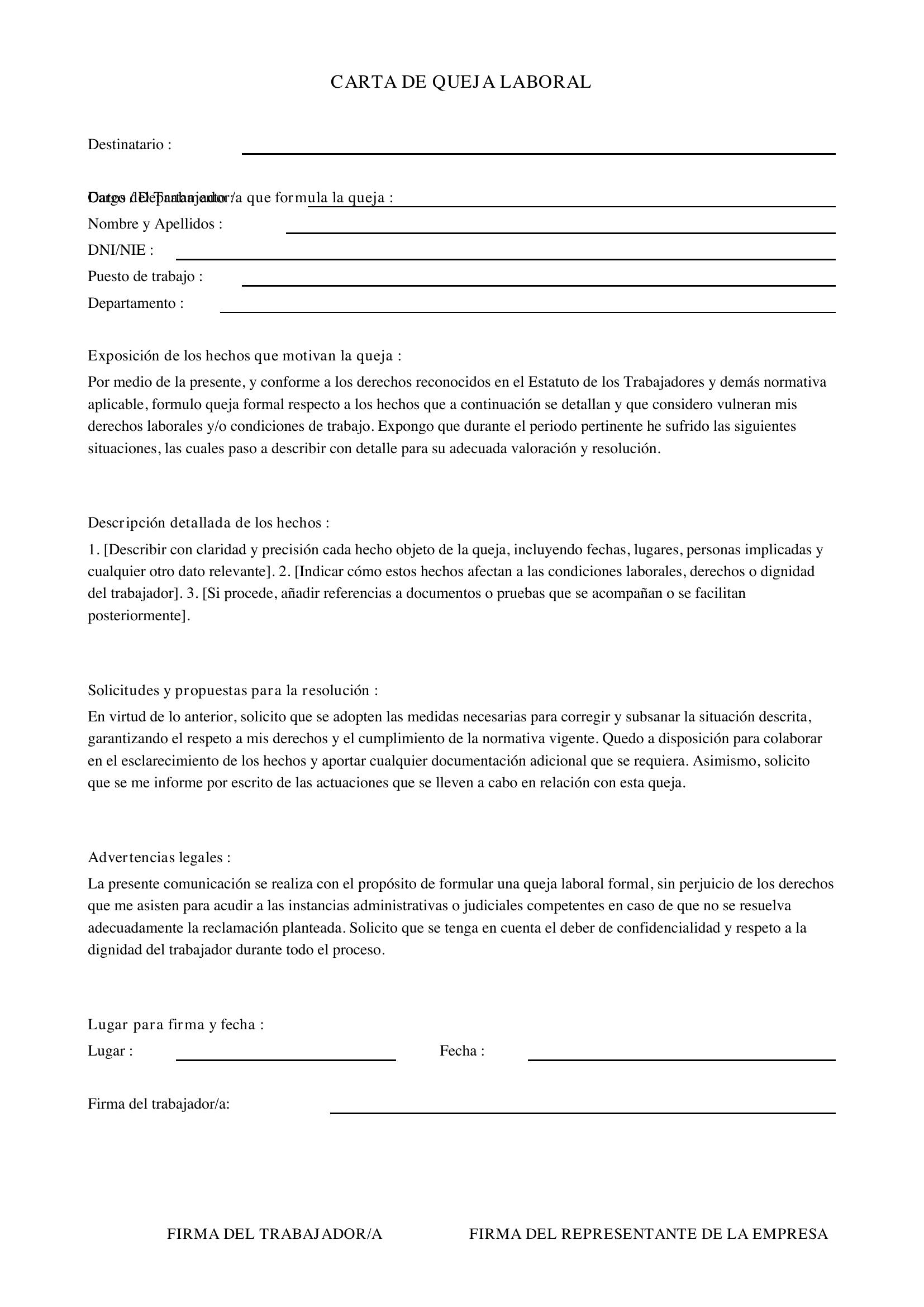 Carta De Queja Laboral