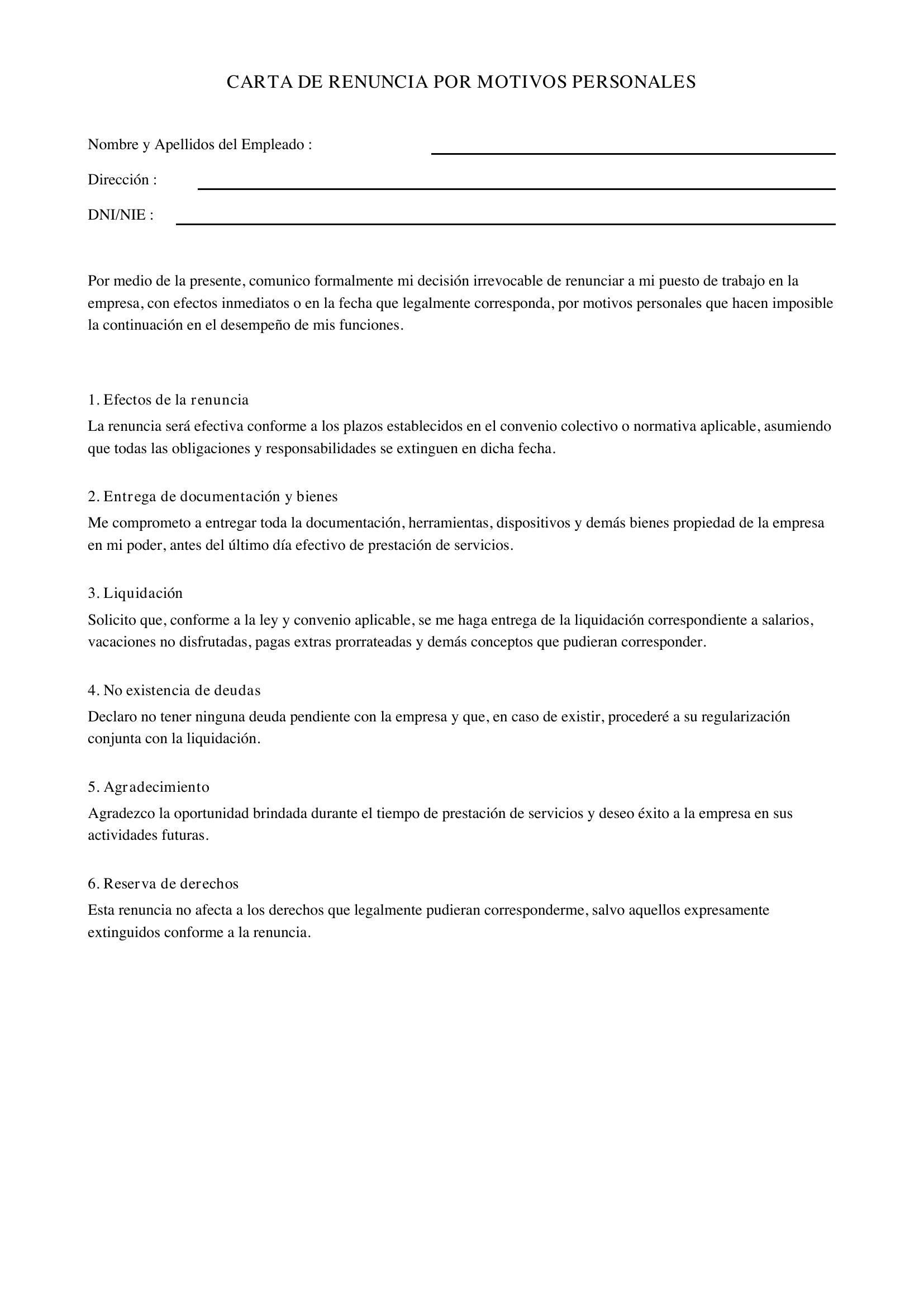 Carta De Renuncia Por Motivos Personales
