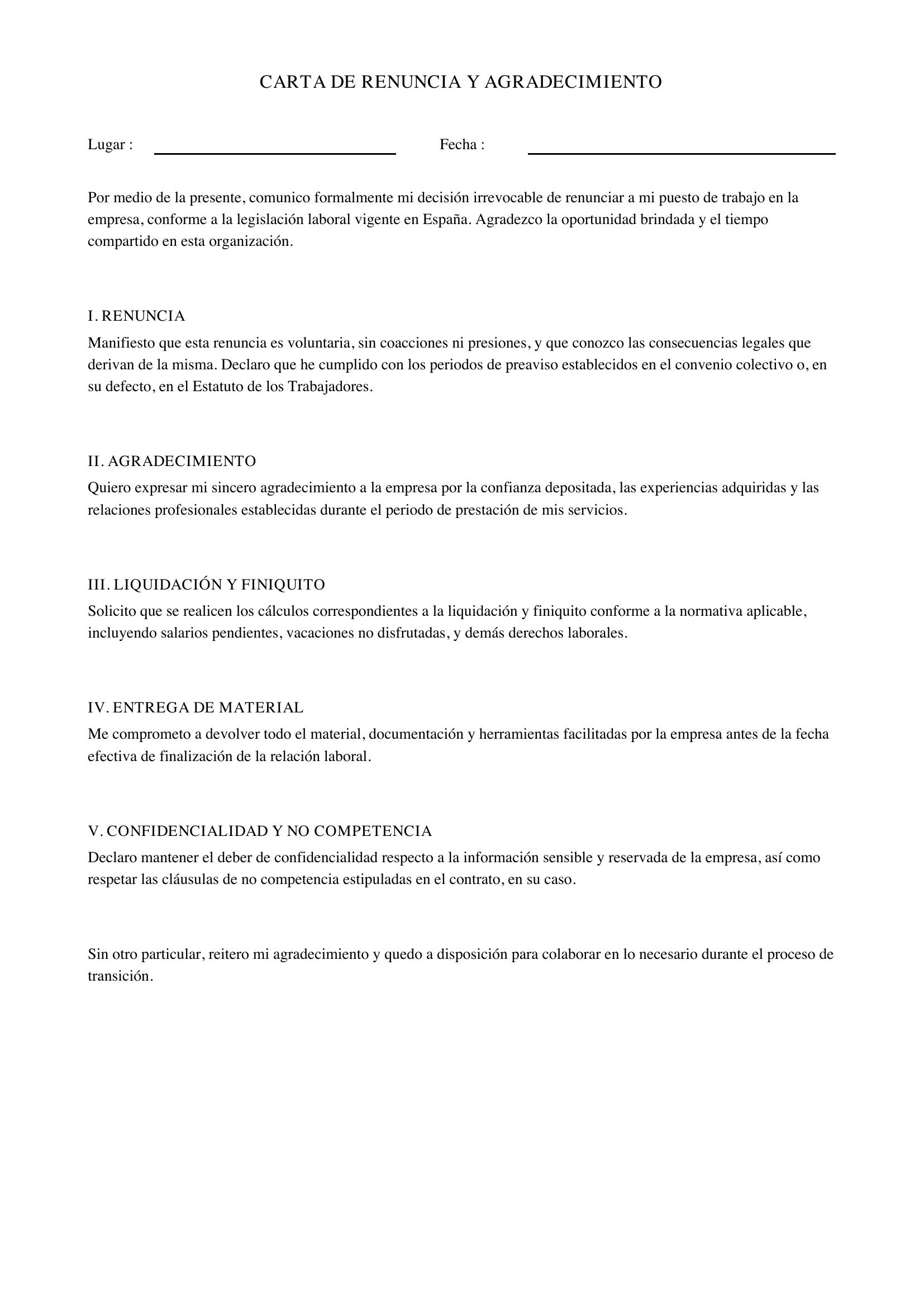 Carta De Renuncia Y Agradecimiento