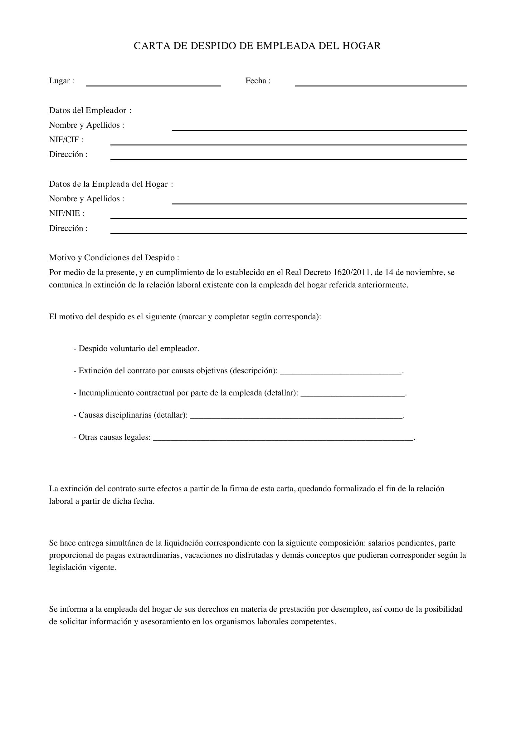 Carta Despido Empleada Hogar