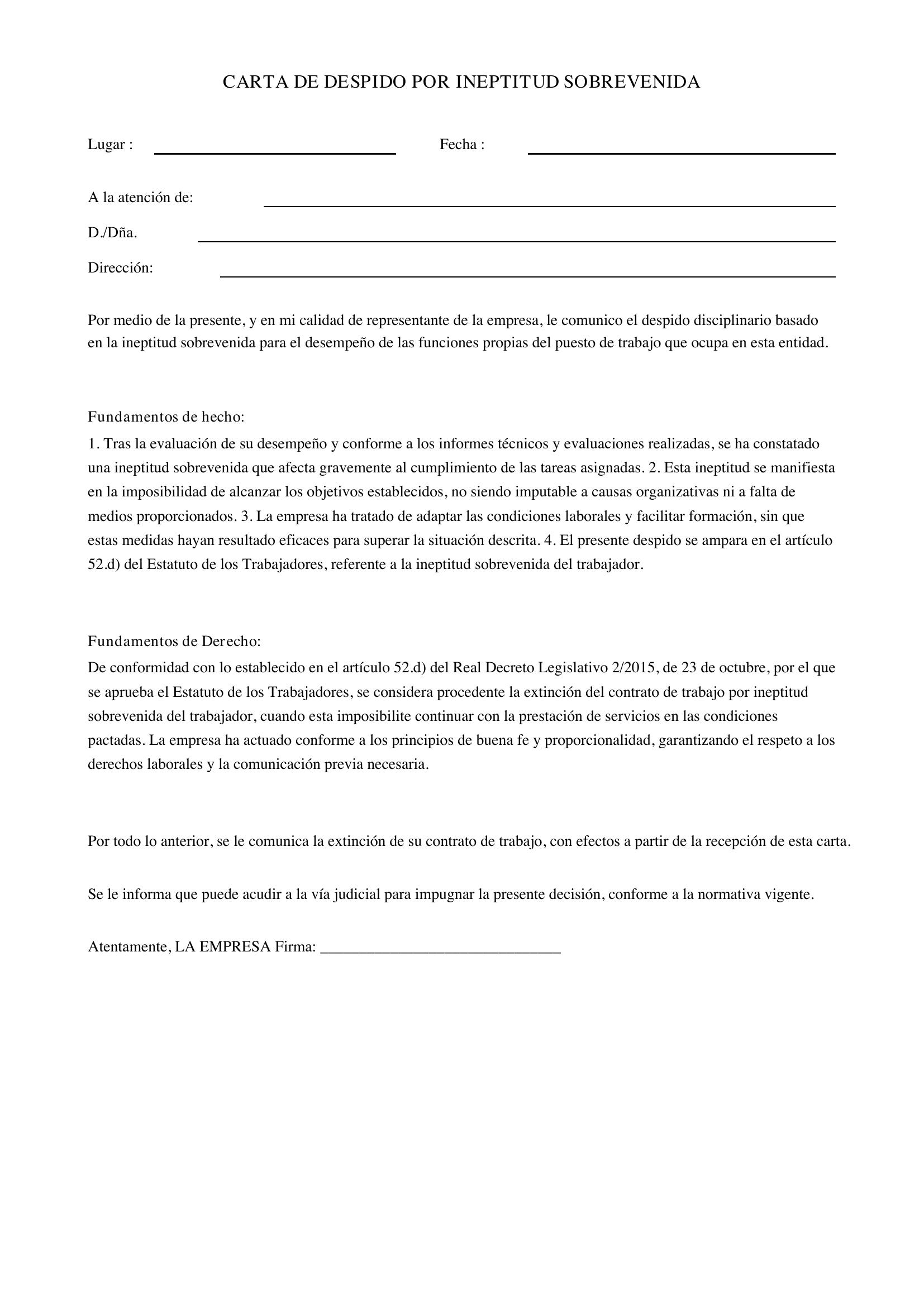 Carta Despido Ineptitud Sobrevenida