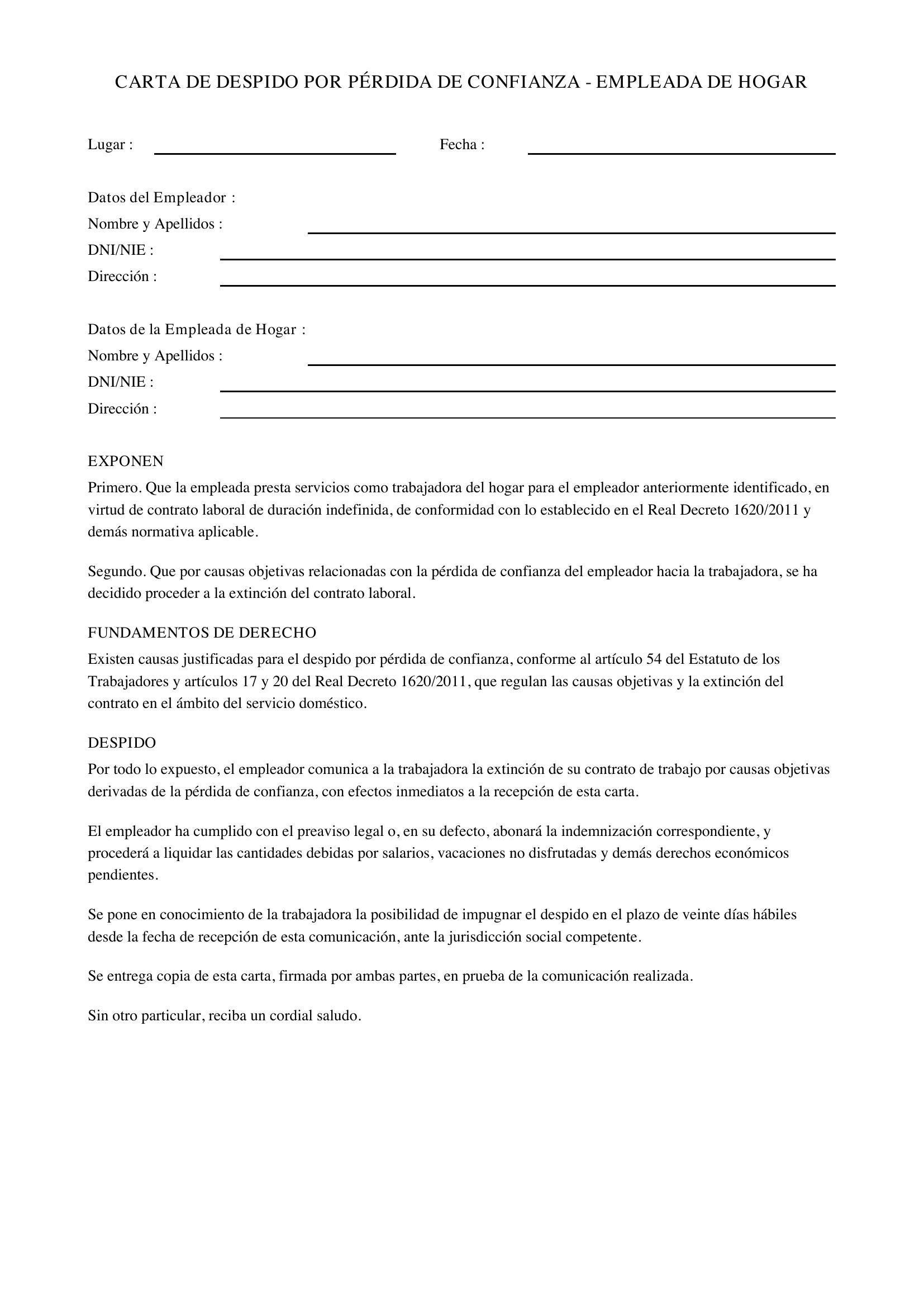 Carta Despido Pérdida Confianza Empleada Hogar