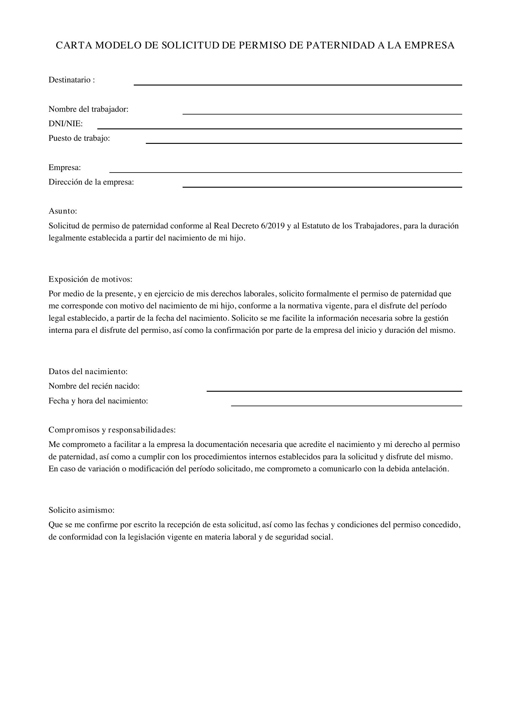 Carta Modelo Solicitud Permiso Paternidad Empresa