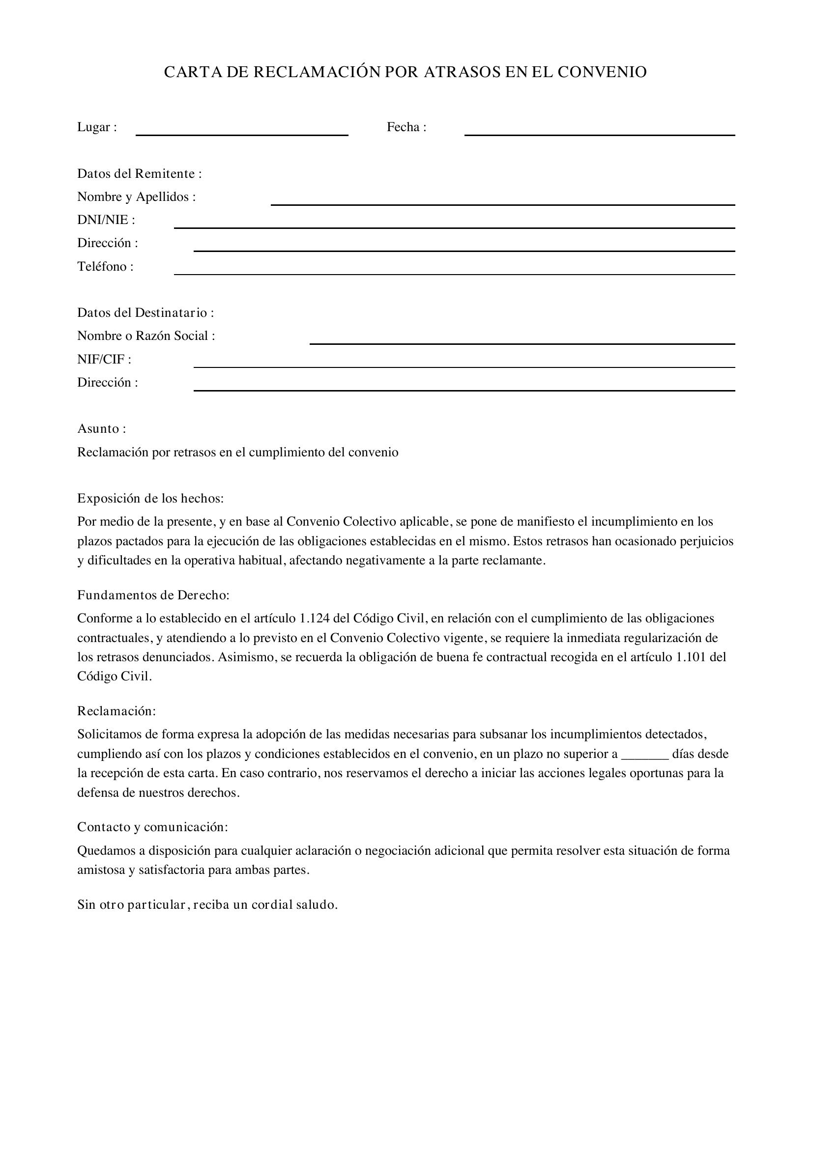 Carta Reclamación Atrasos Convenio