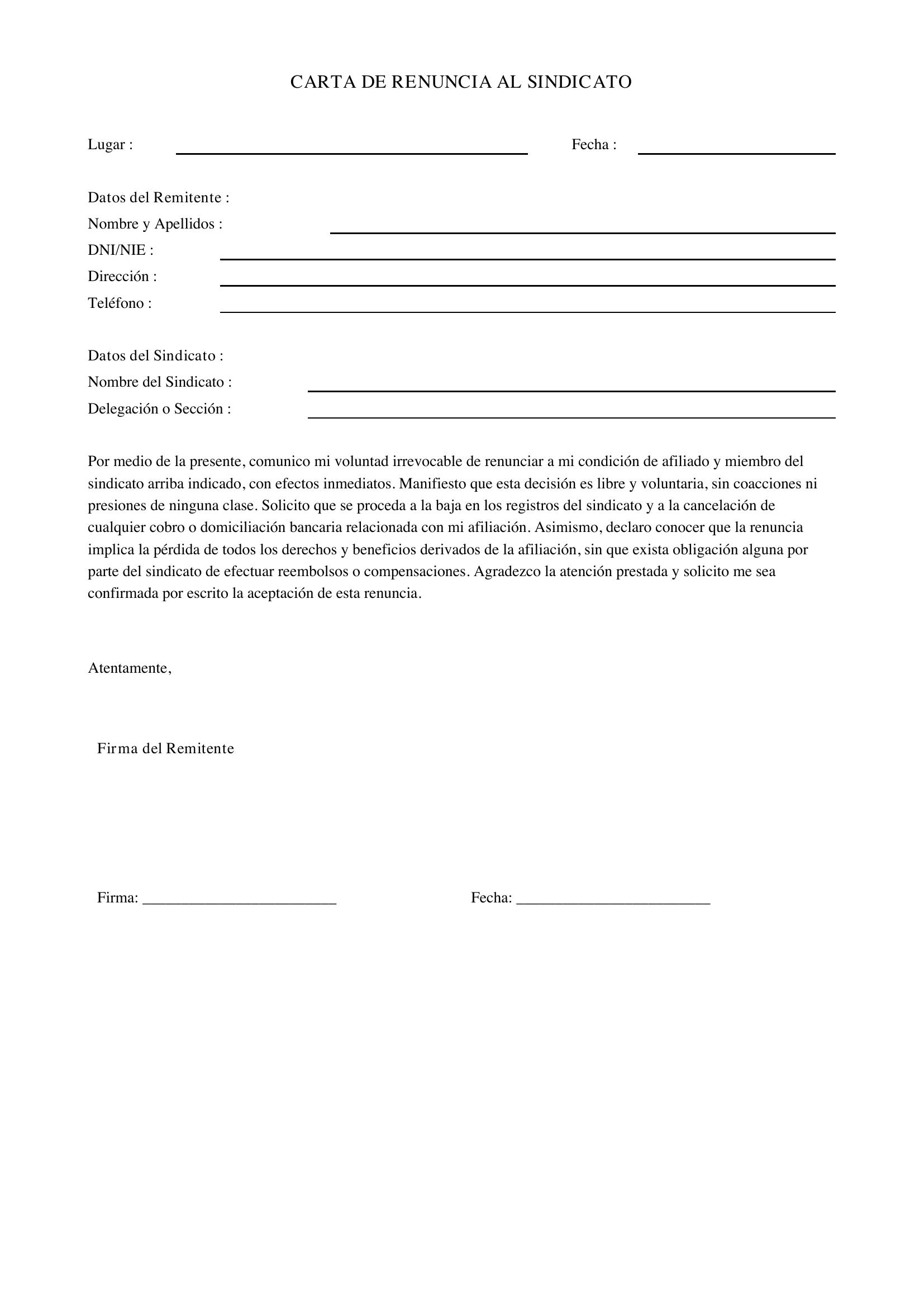 Carta Renuncia Sindicato