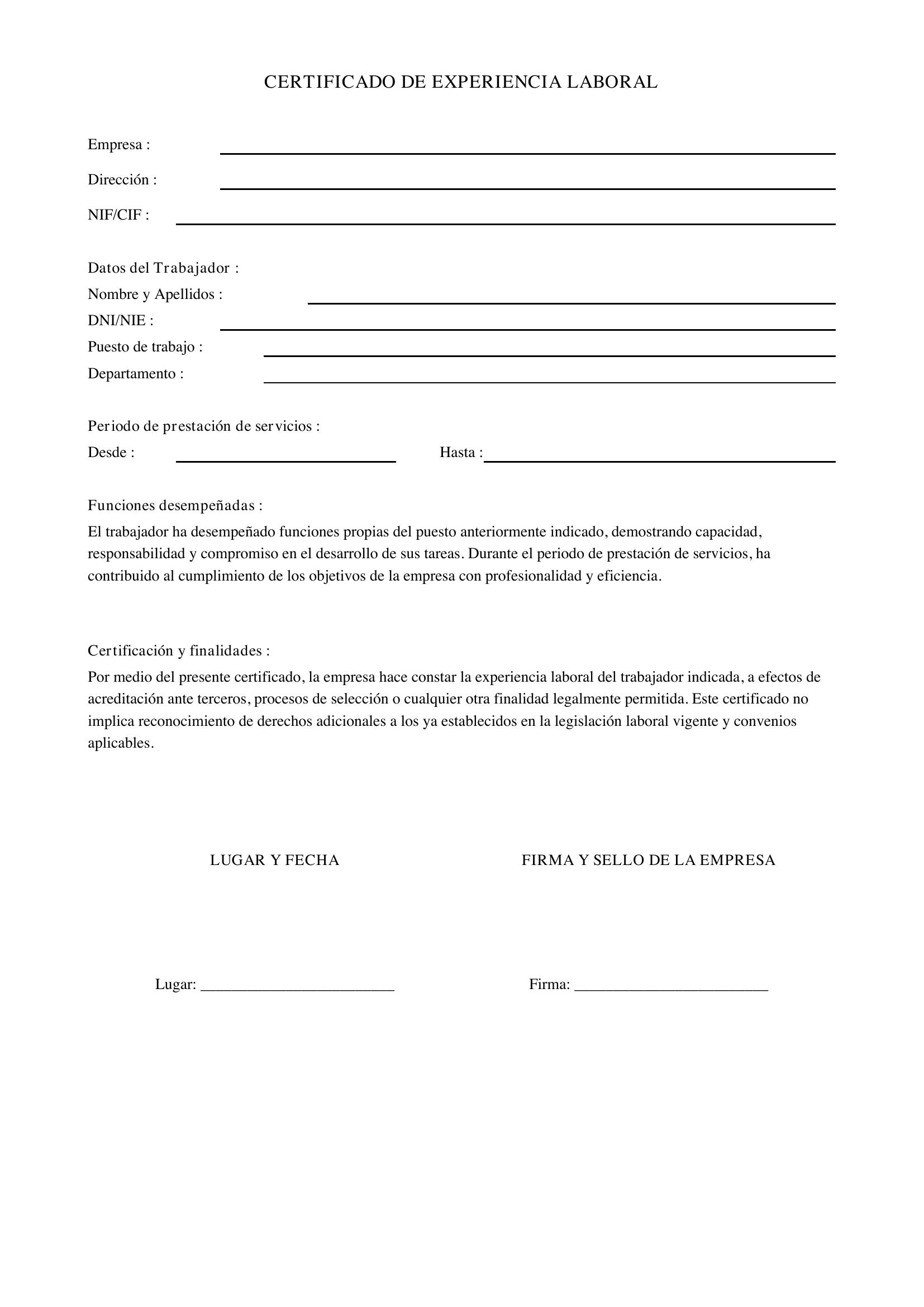 Certificado De Experiencia Laboral Ejemplo
