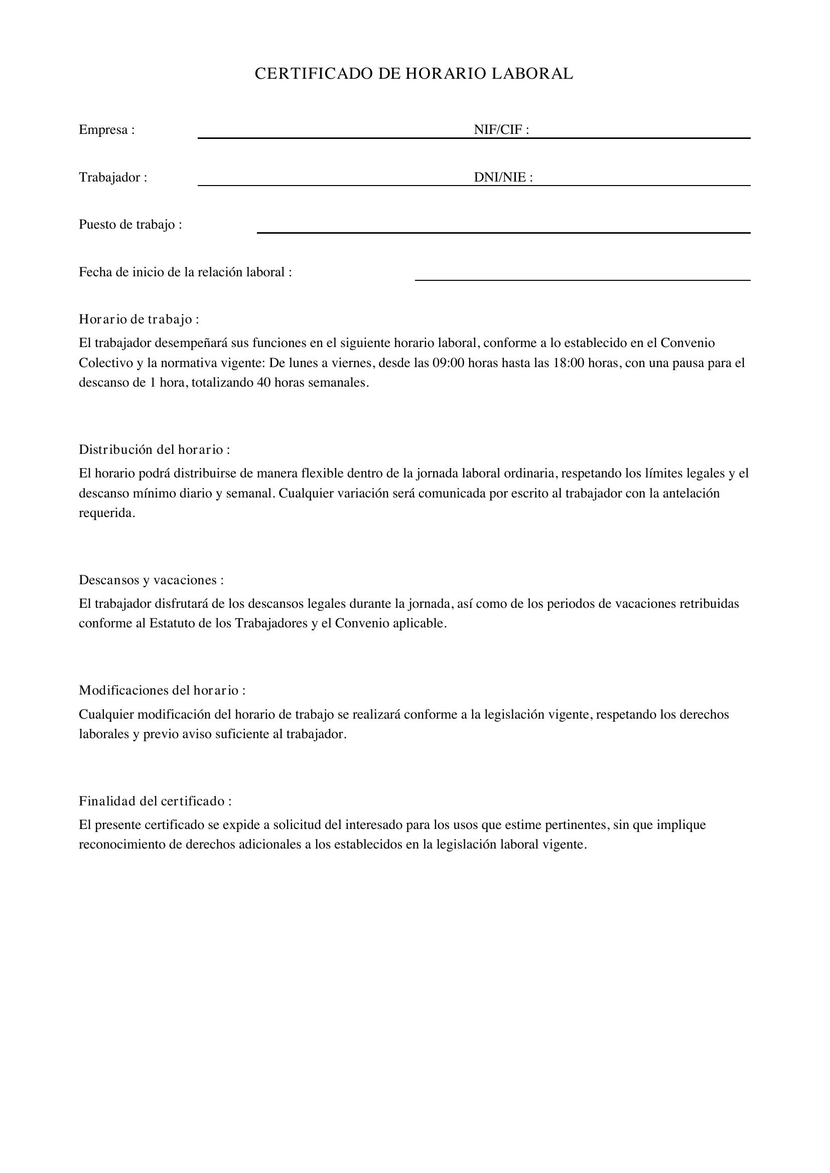 Certificado De Horario Laboral