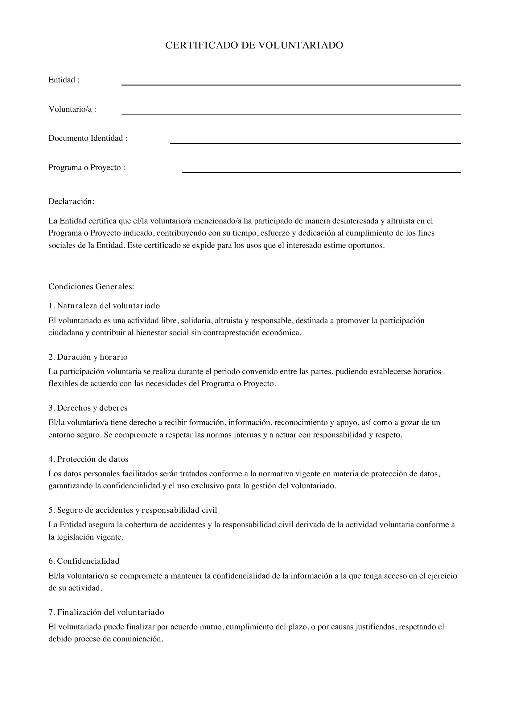 Certificado De Voluntariado Ejemplo