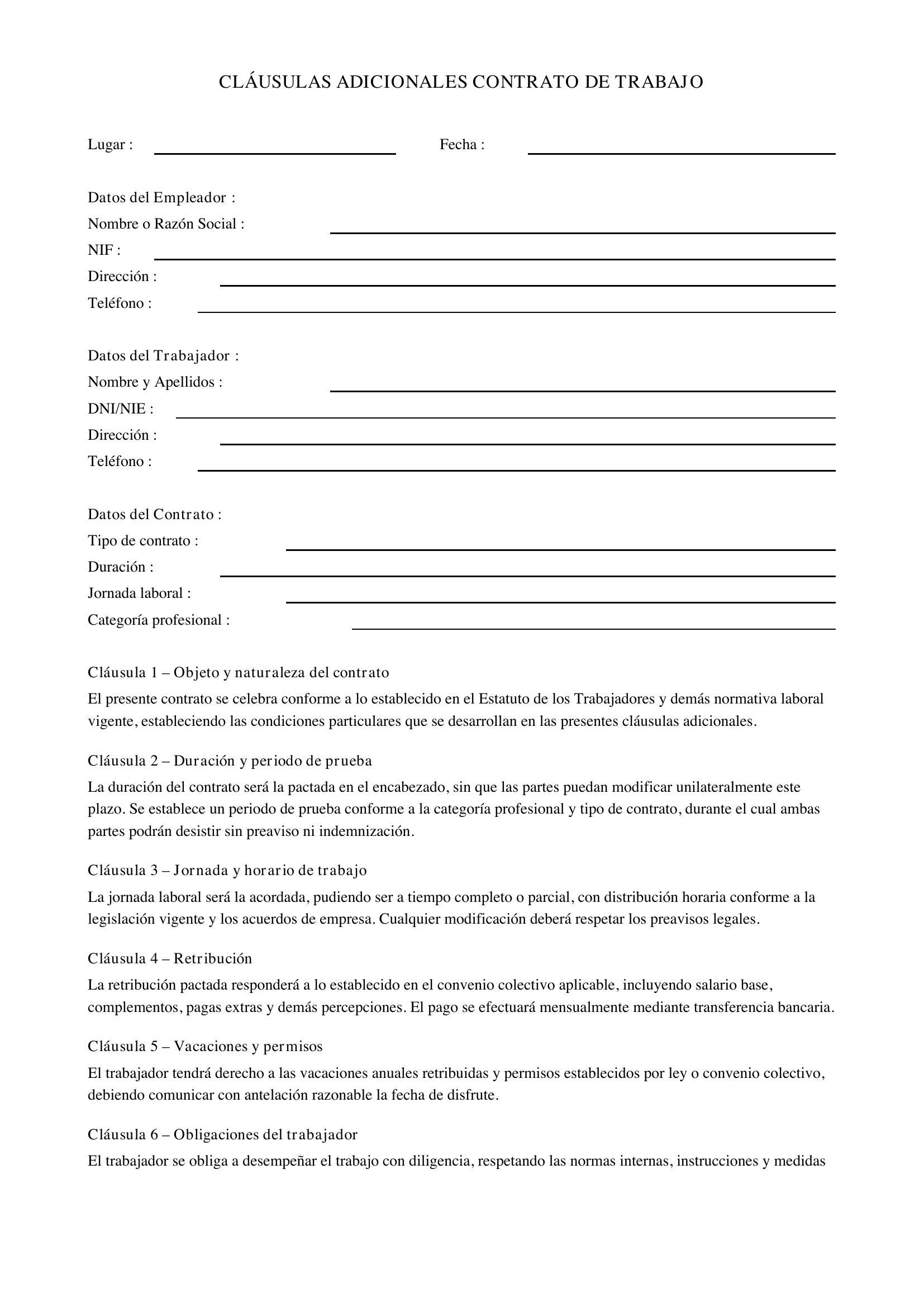 Cláusulas Adicionales Contrato De Trabajo