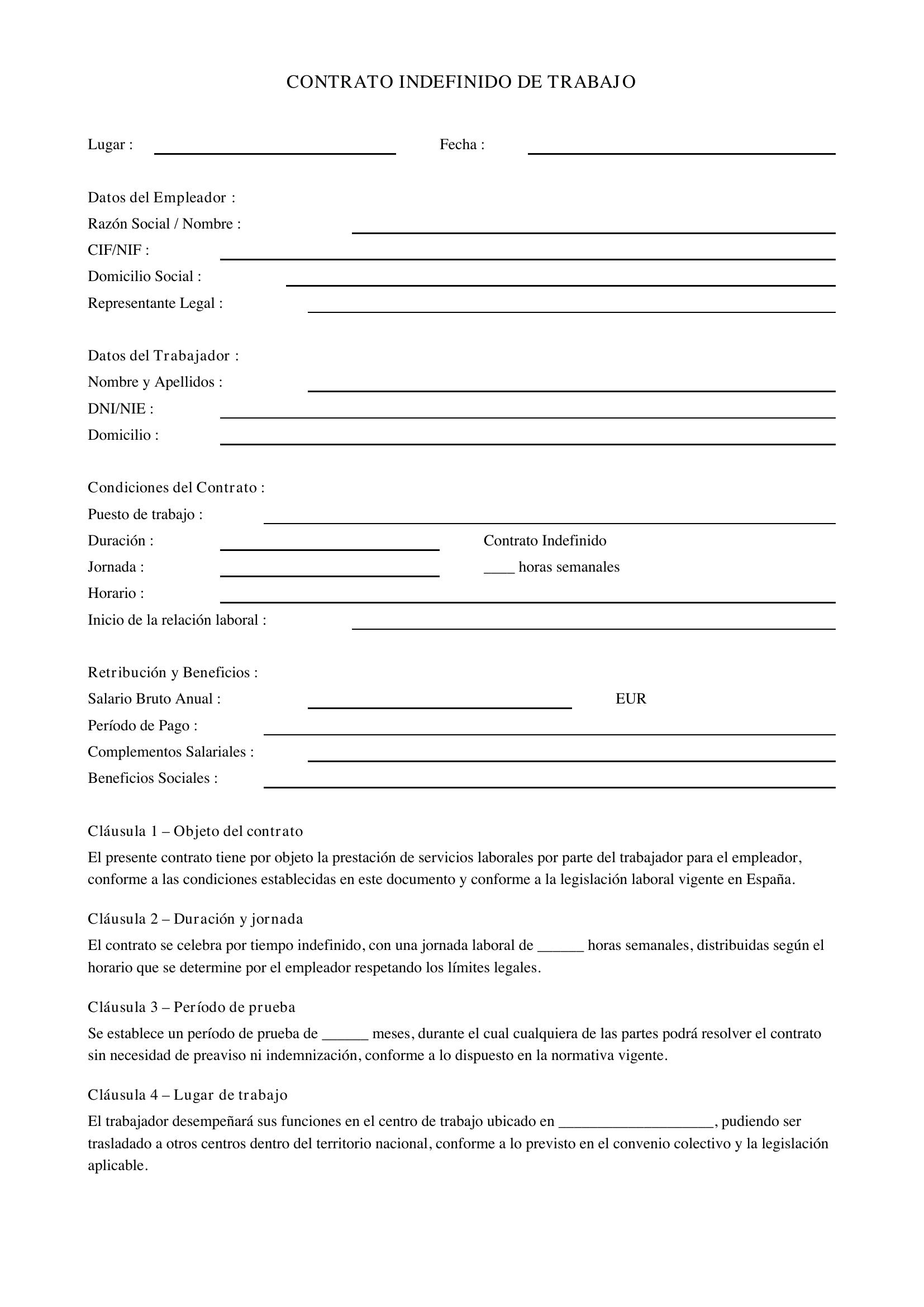 Ejemplo De Contrato Indefinido Rellenado
