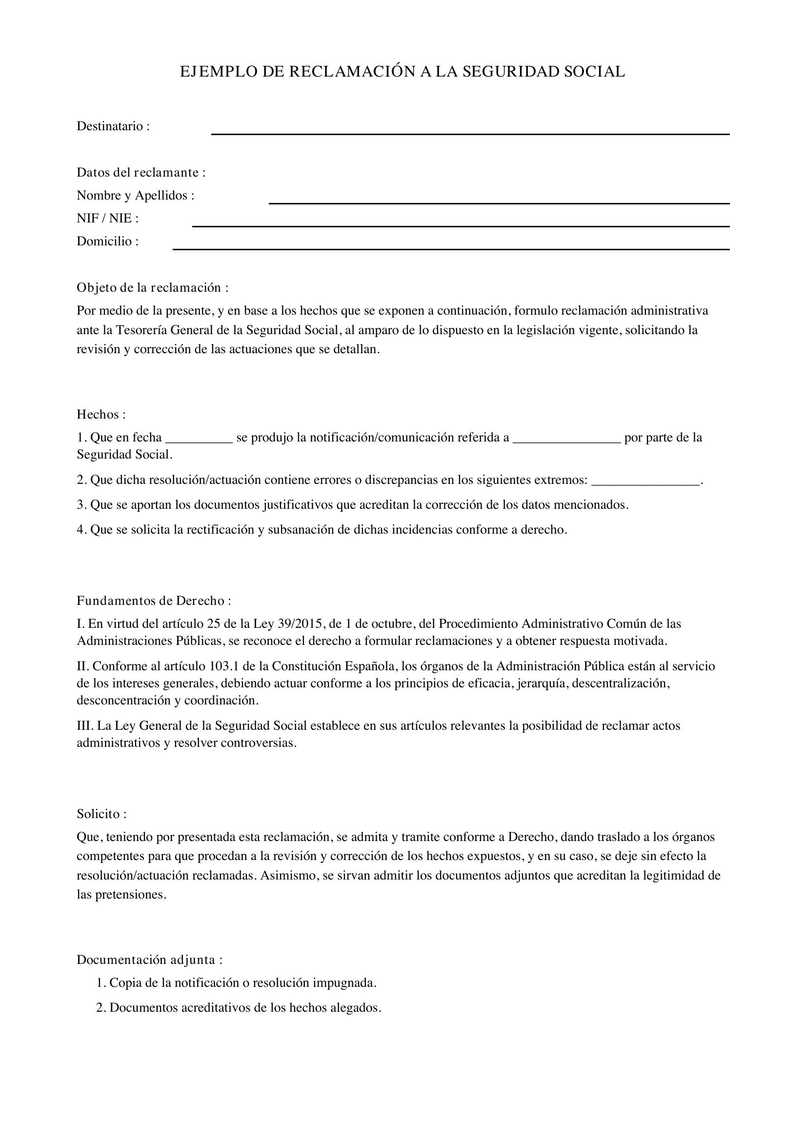 Ejemplo De Reclamación A La Seguridad Social