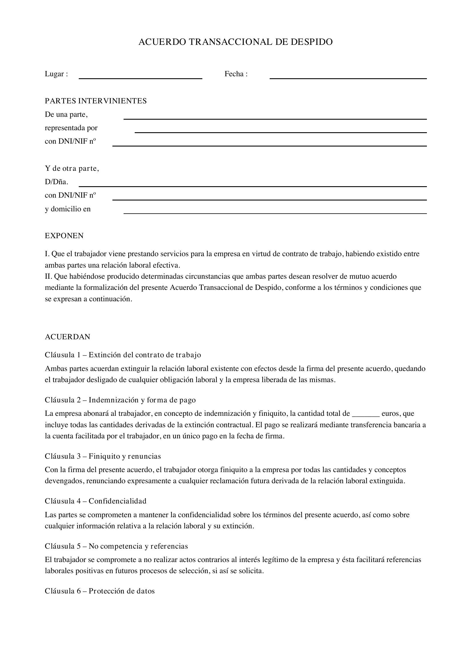 Modelo Acuerdo Transaccional Despido