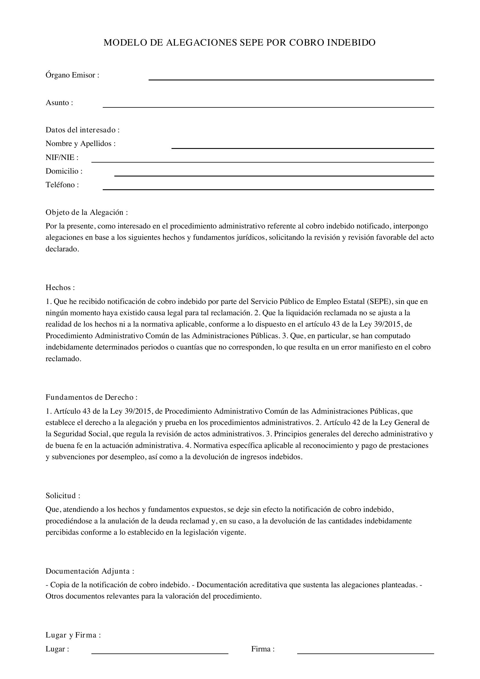 Modelo Alegaciones Sepe Por Cobro Indebido