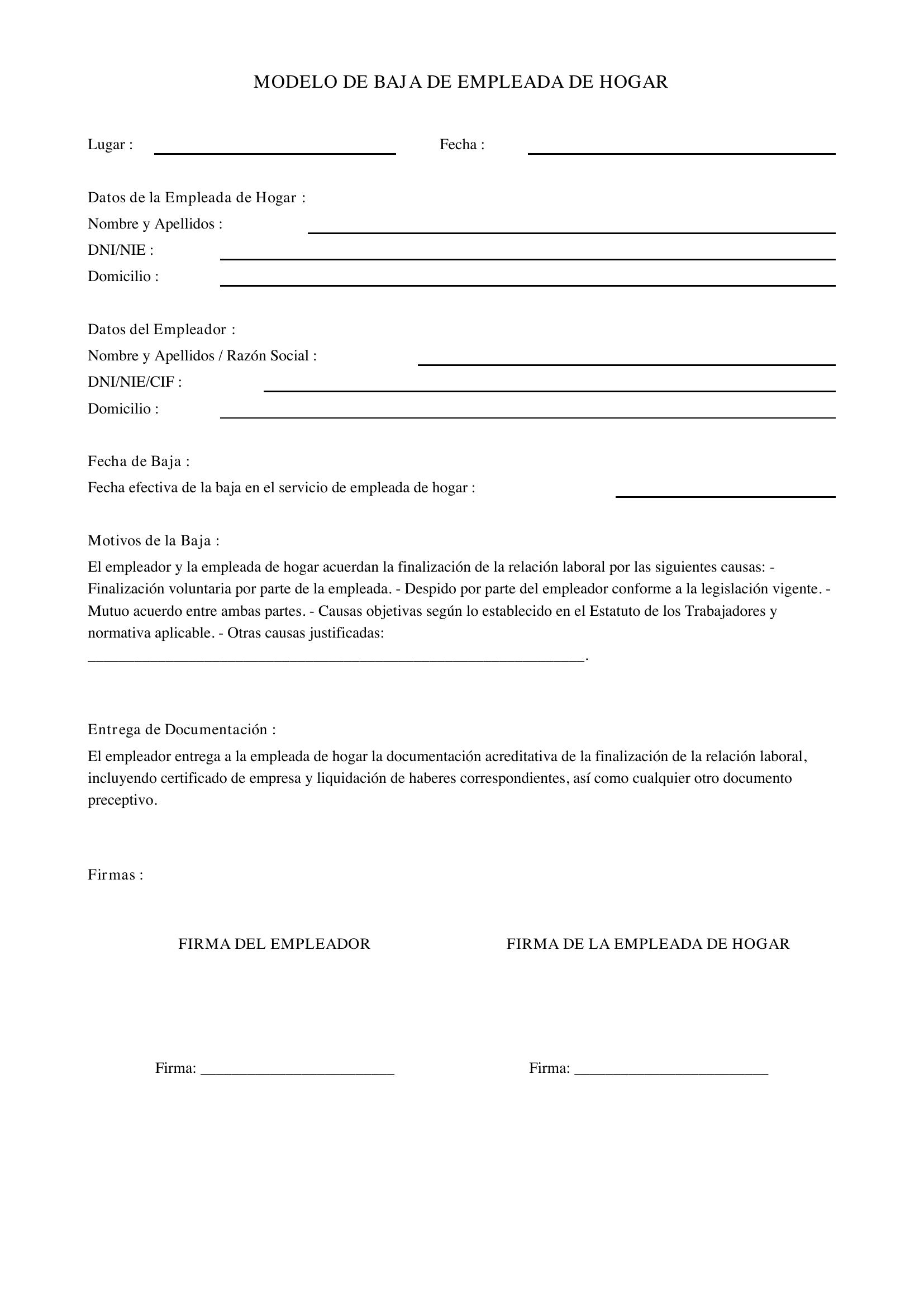 Modelo Baja Empleada De Hogar