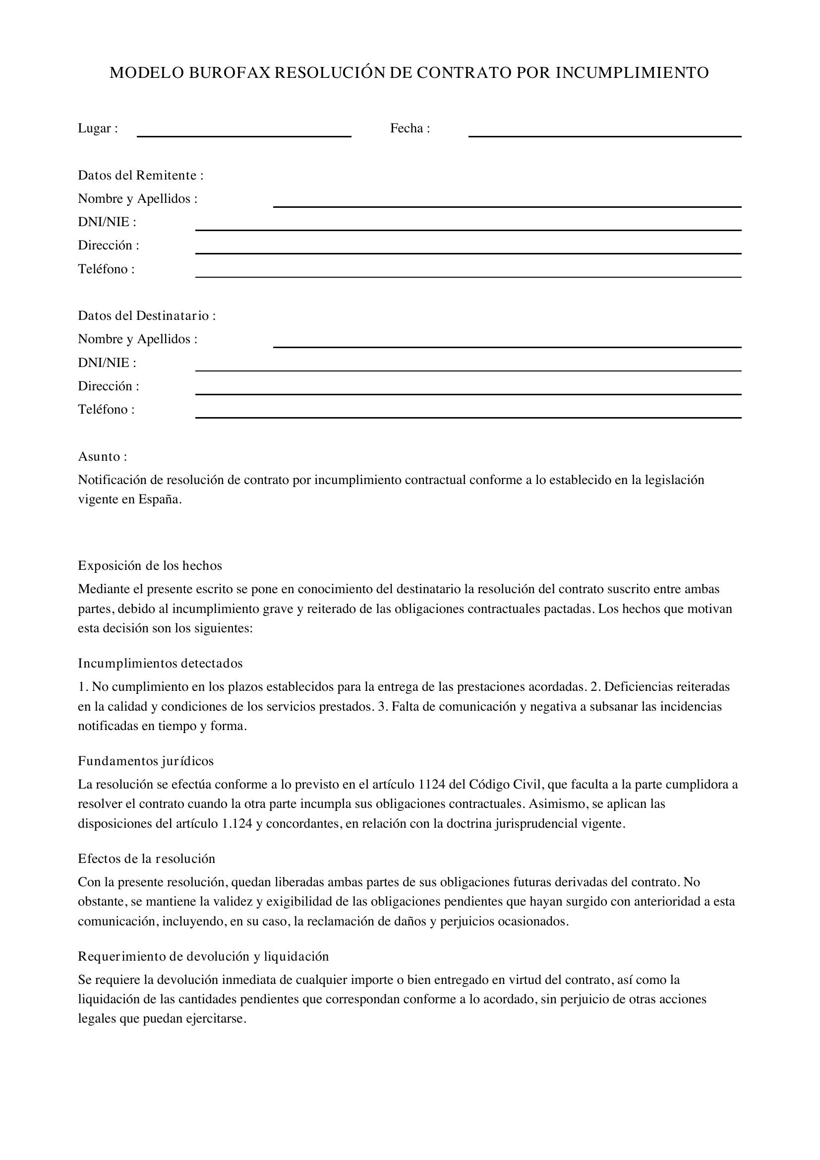 Modelo Burofax Resolución Contrato Por Incumplimiento