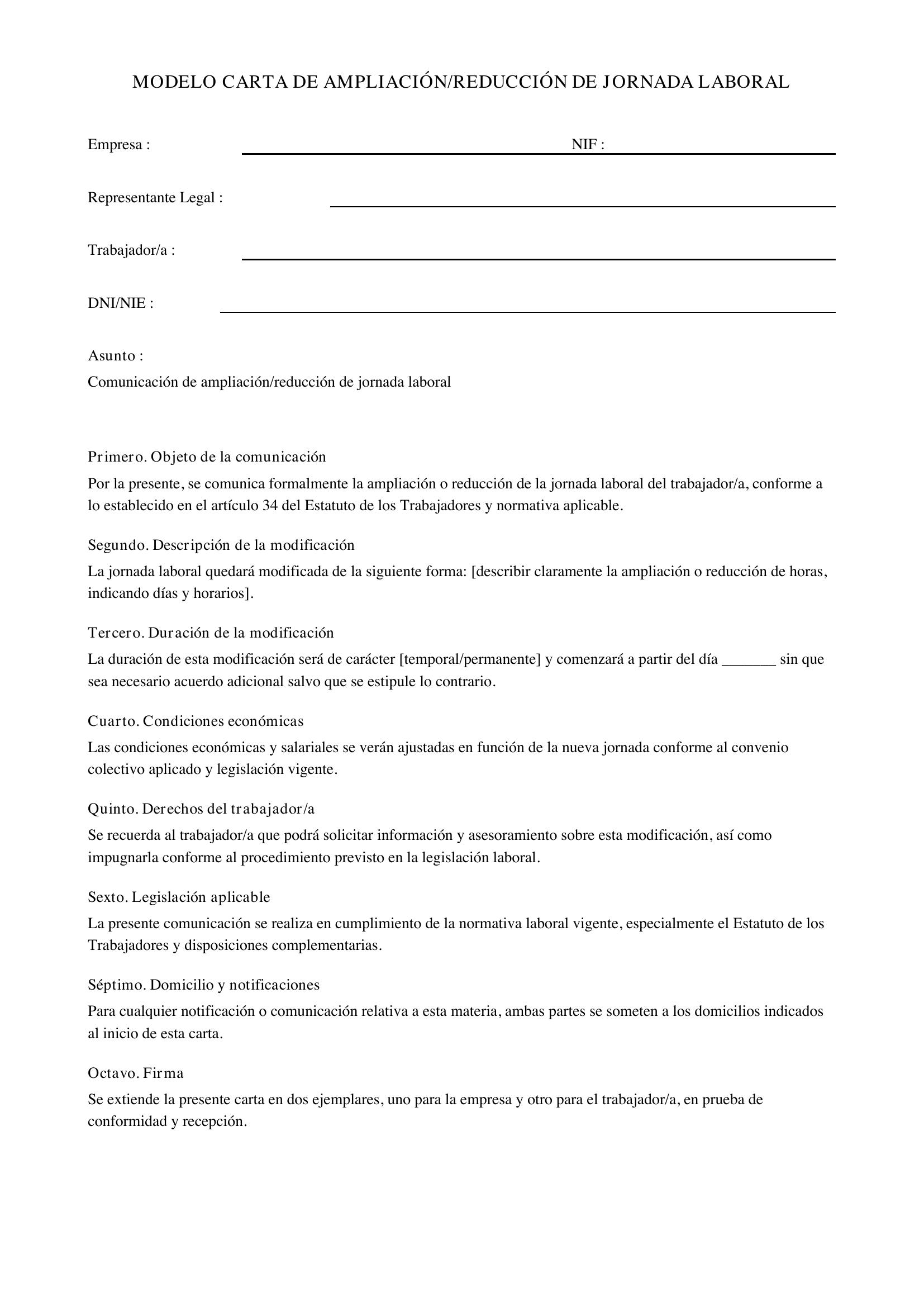 Modelo Carta Ampliación Reducción Jornada