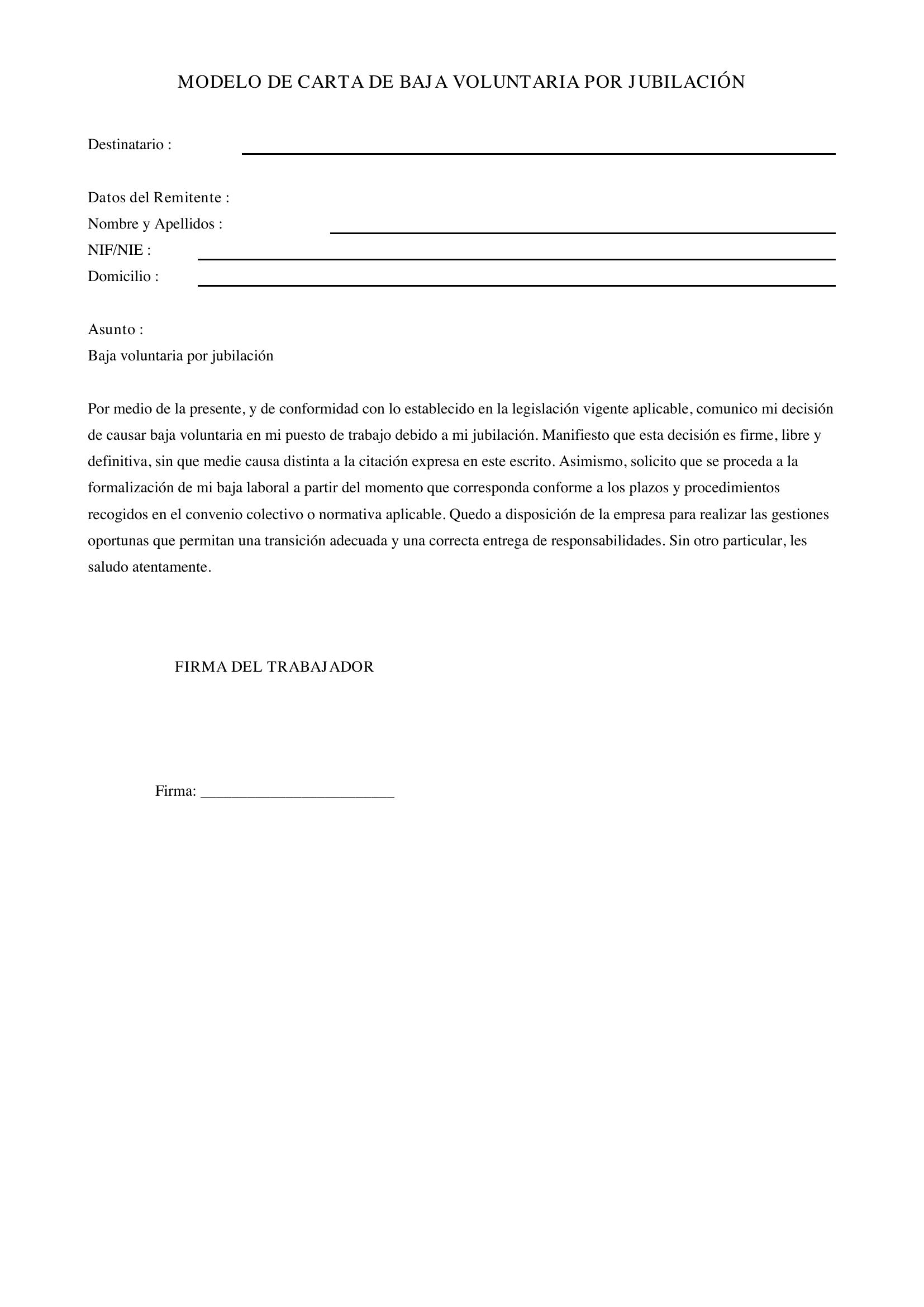 Modelo Carta Baja Voluntaria Por Jubilación