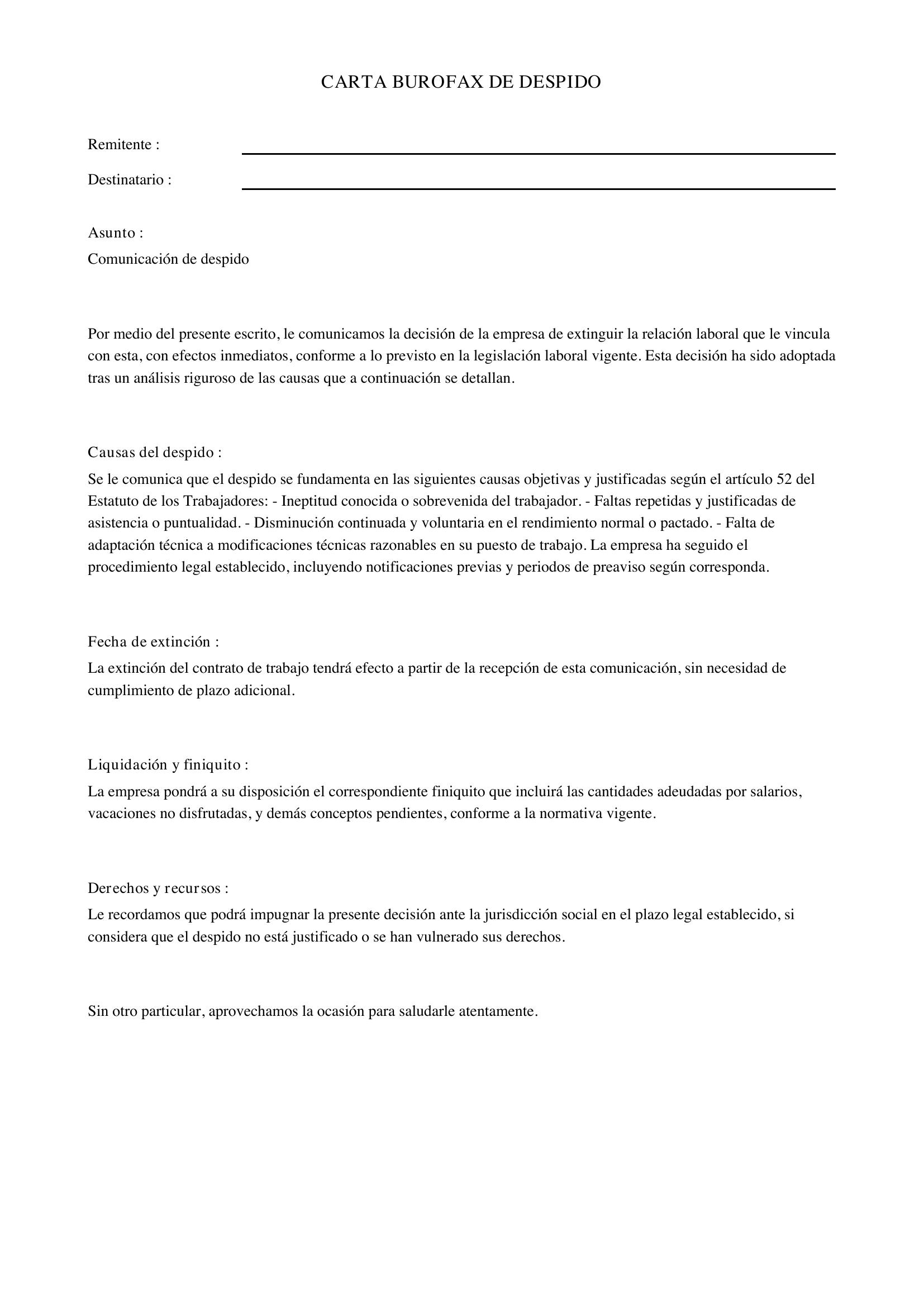 Modelo Carta Burofax Despido