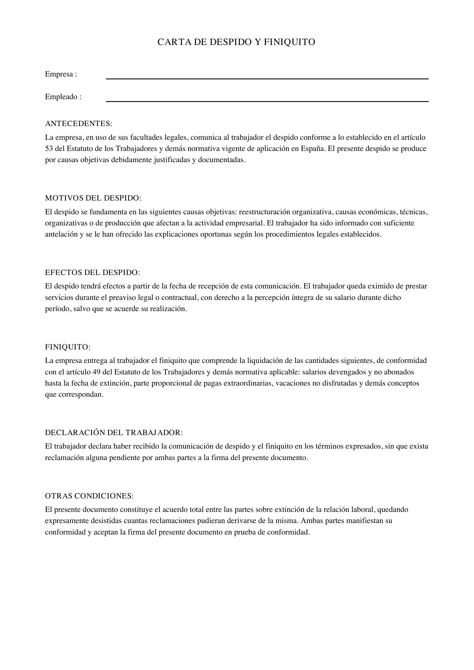 Modelo Carta De Despido Y Finiquito