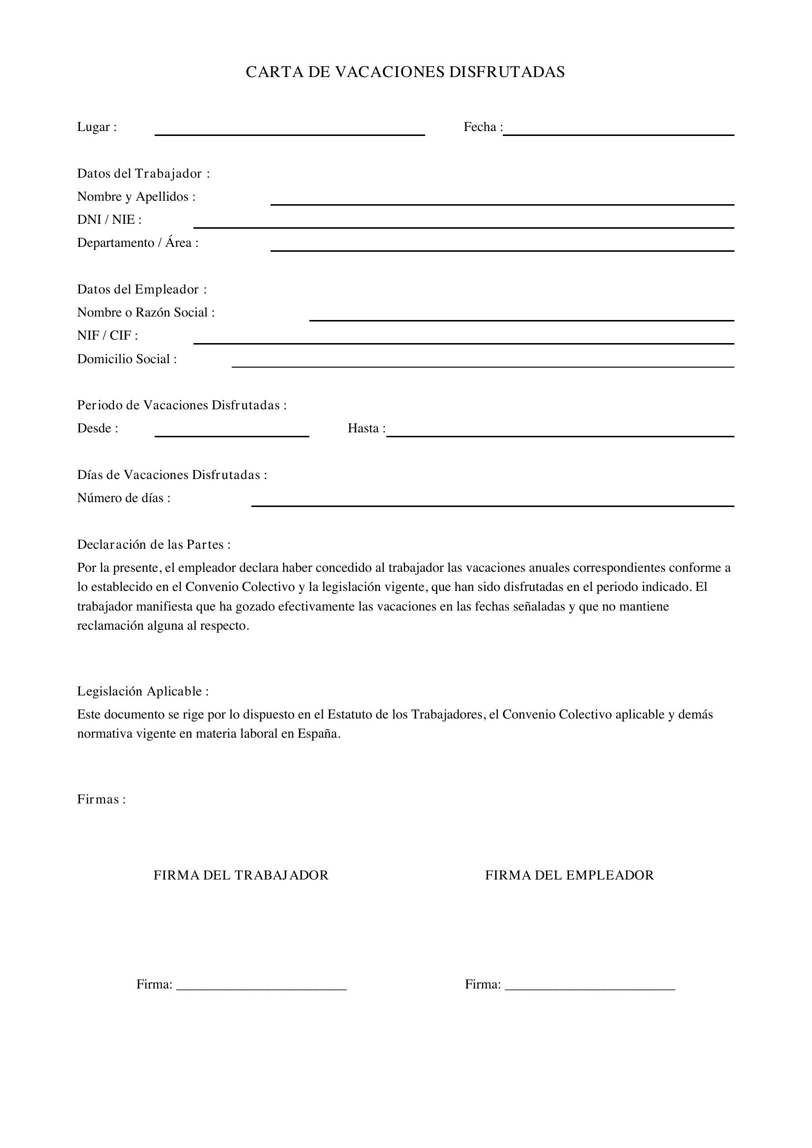 Modelo Carta De Vacaciones Disfrutadas