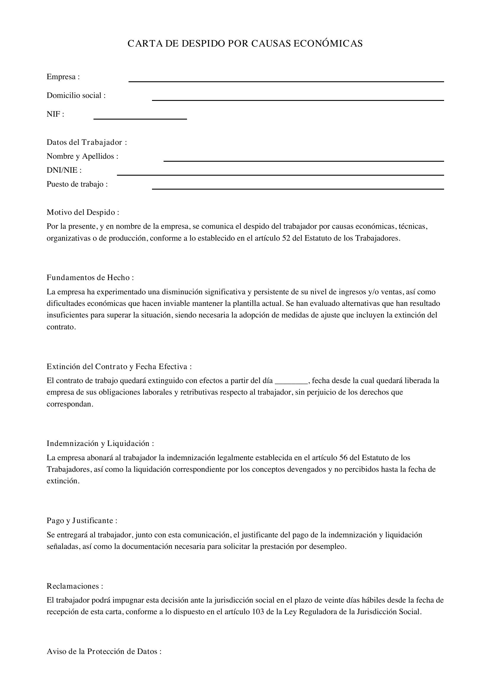 Modelo Carta Despido Causas Economicas