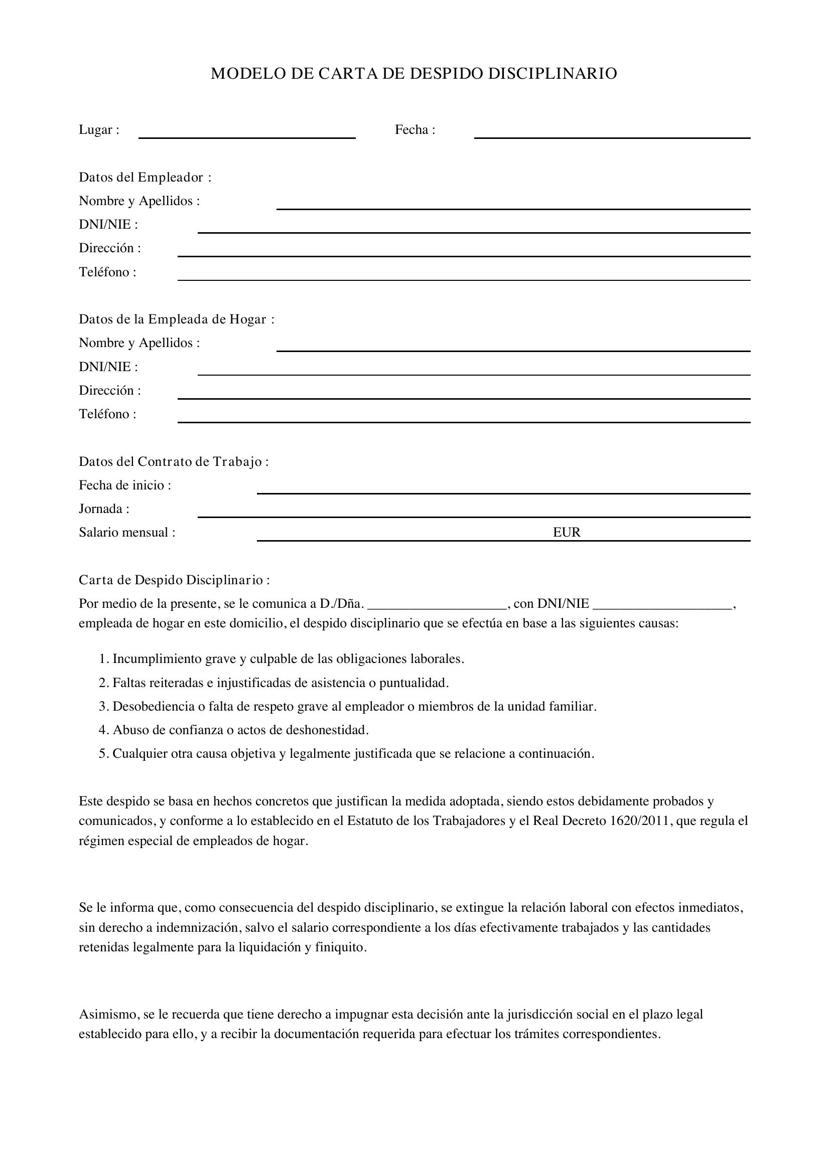 Modelo Carta Despido Disciplinario Empleada Hogar