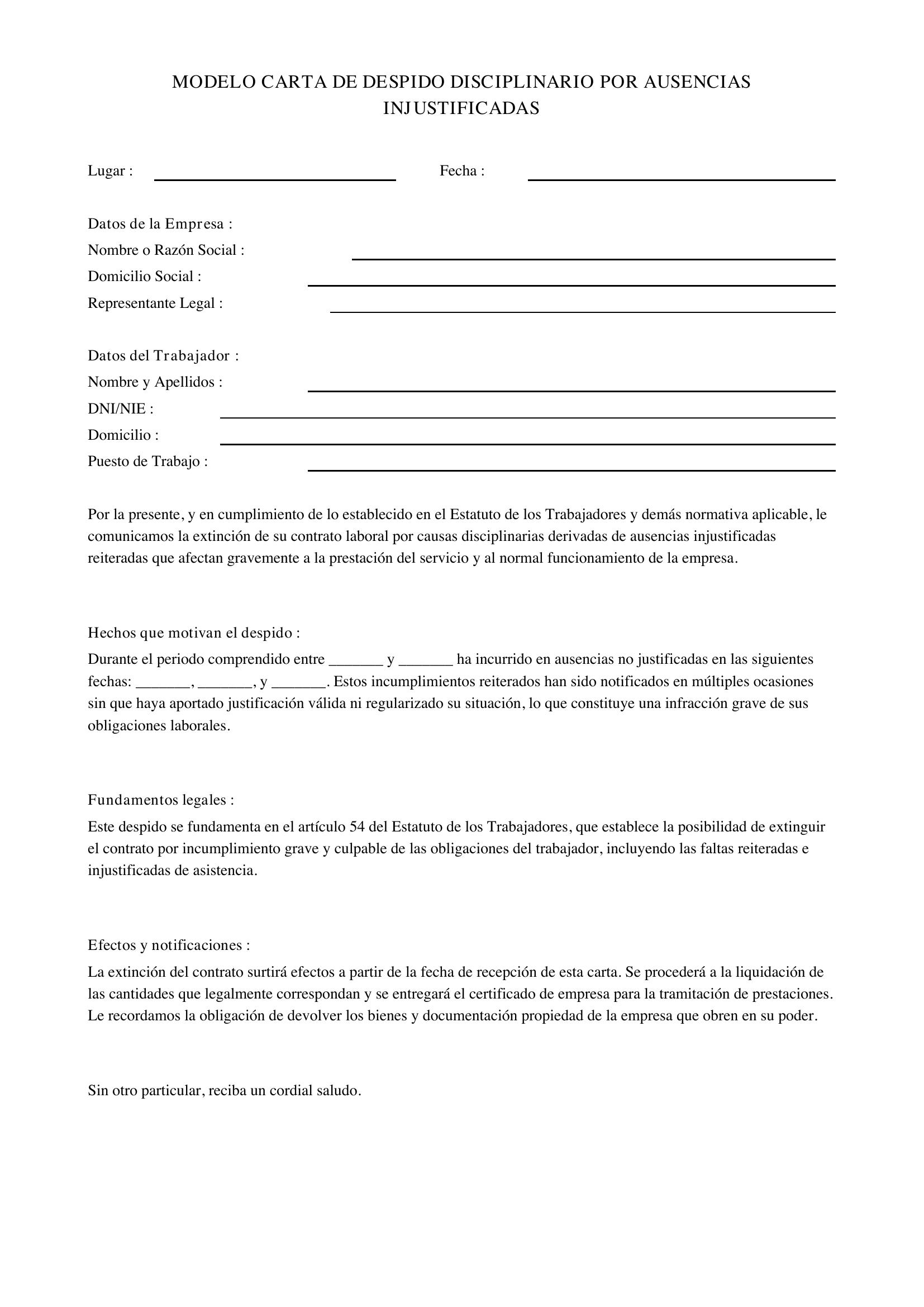 Modelo Carta Despido Disciplinario Por Ausencias Injustificadas