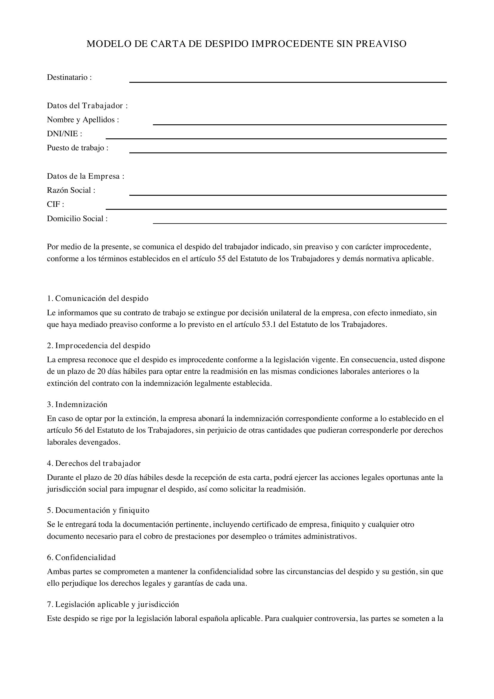 Modelo Carta Despido Improcedente Sin Preaviso
