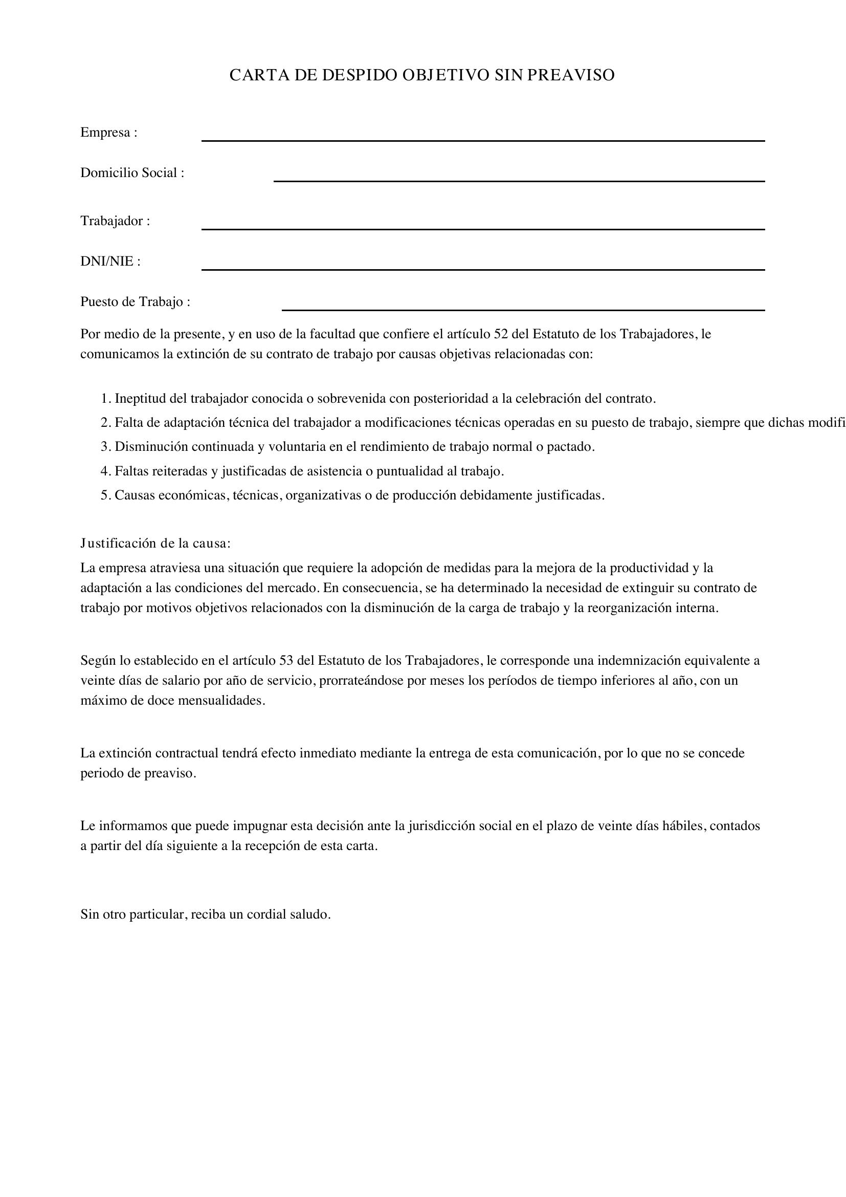 Modelo Carta Despido Objetivo Sin Preaviso