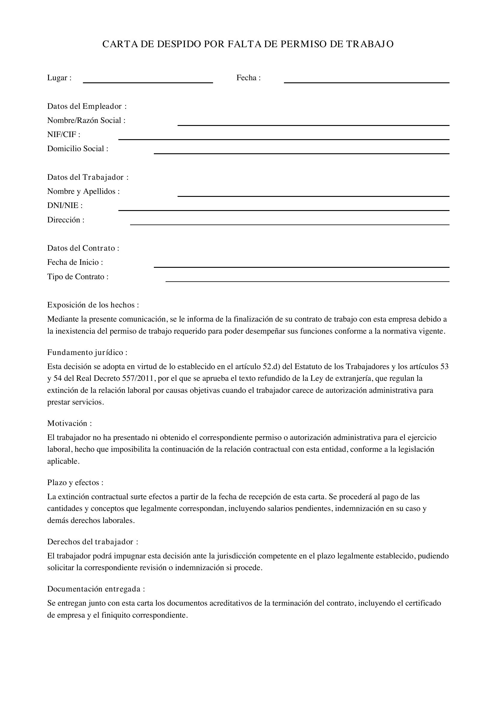 Modelo Carta Despido Por No Tener Permiso De Trabajo
