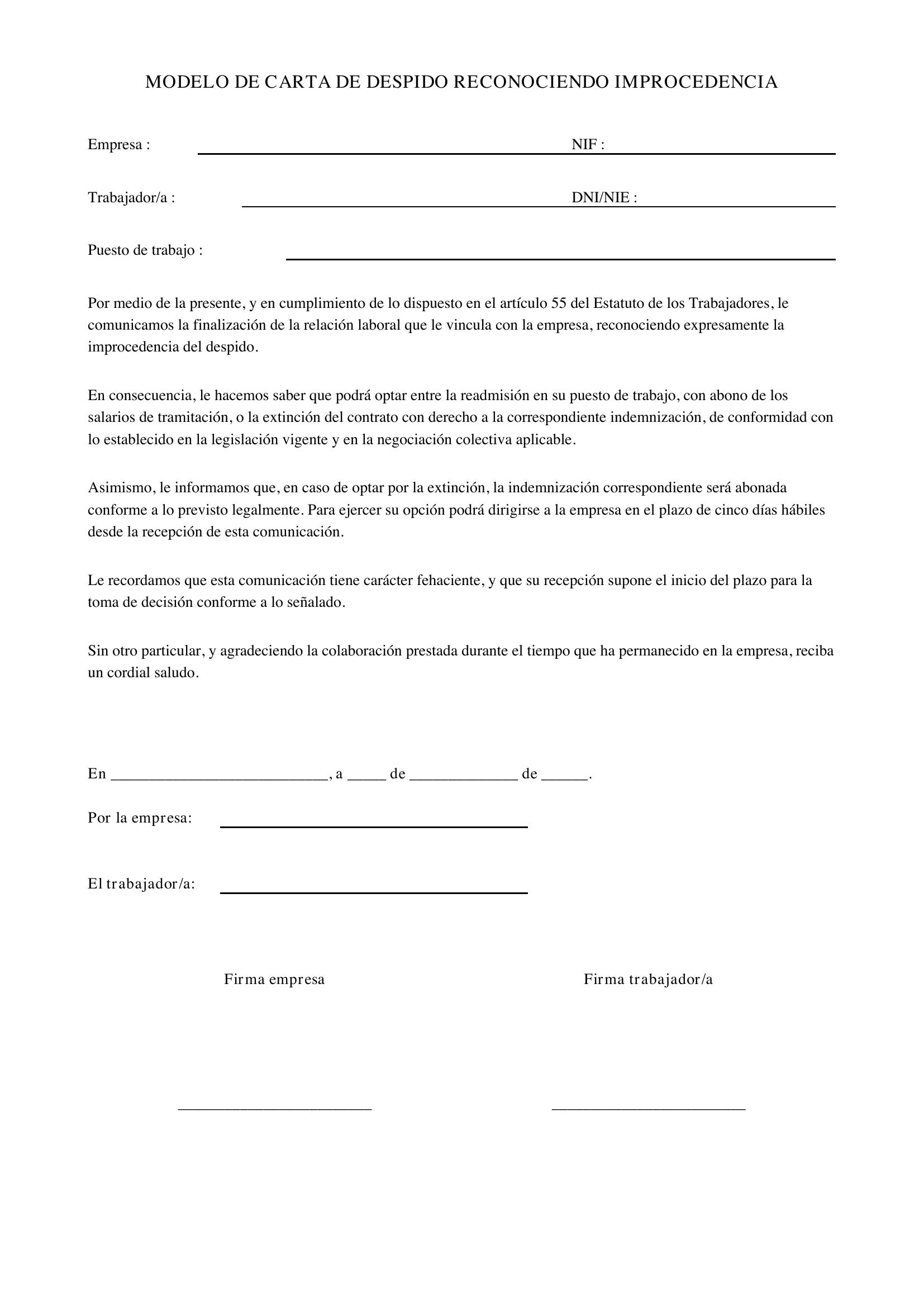 Modelo Carta Despido Reconociendo Improcedencia