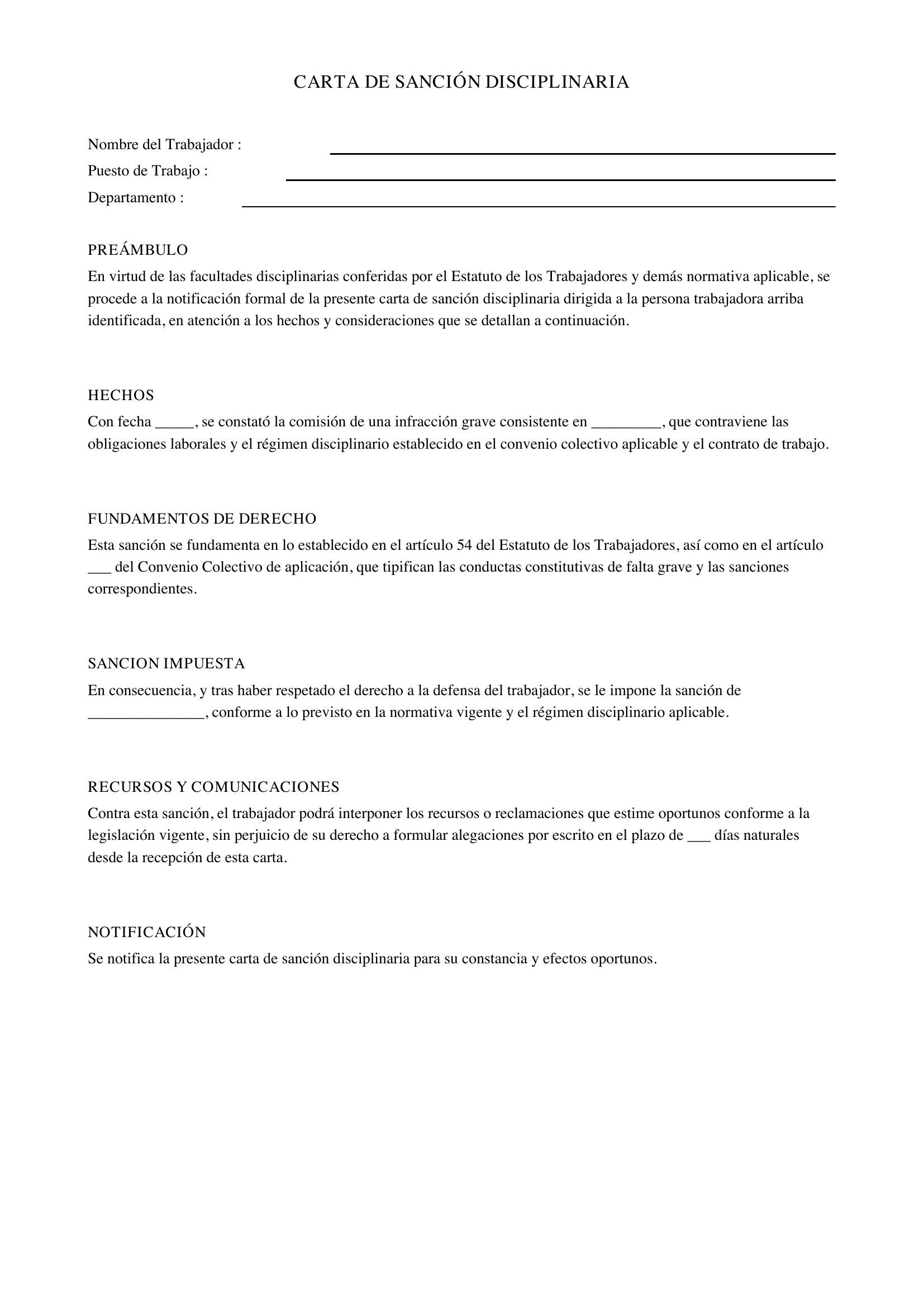 Modelo Carta Sanción Disciplinaria