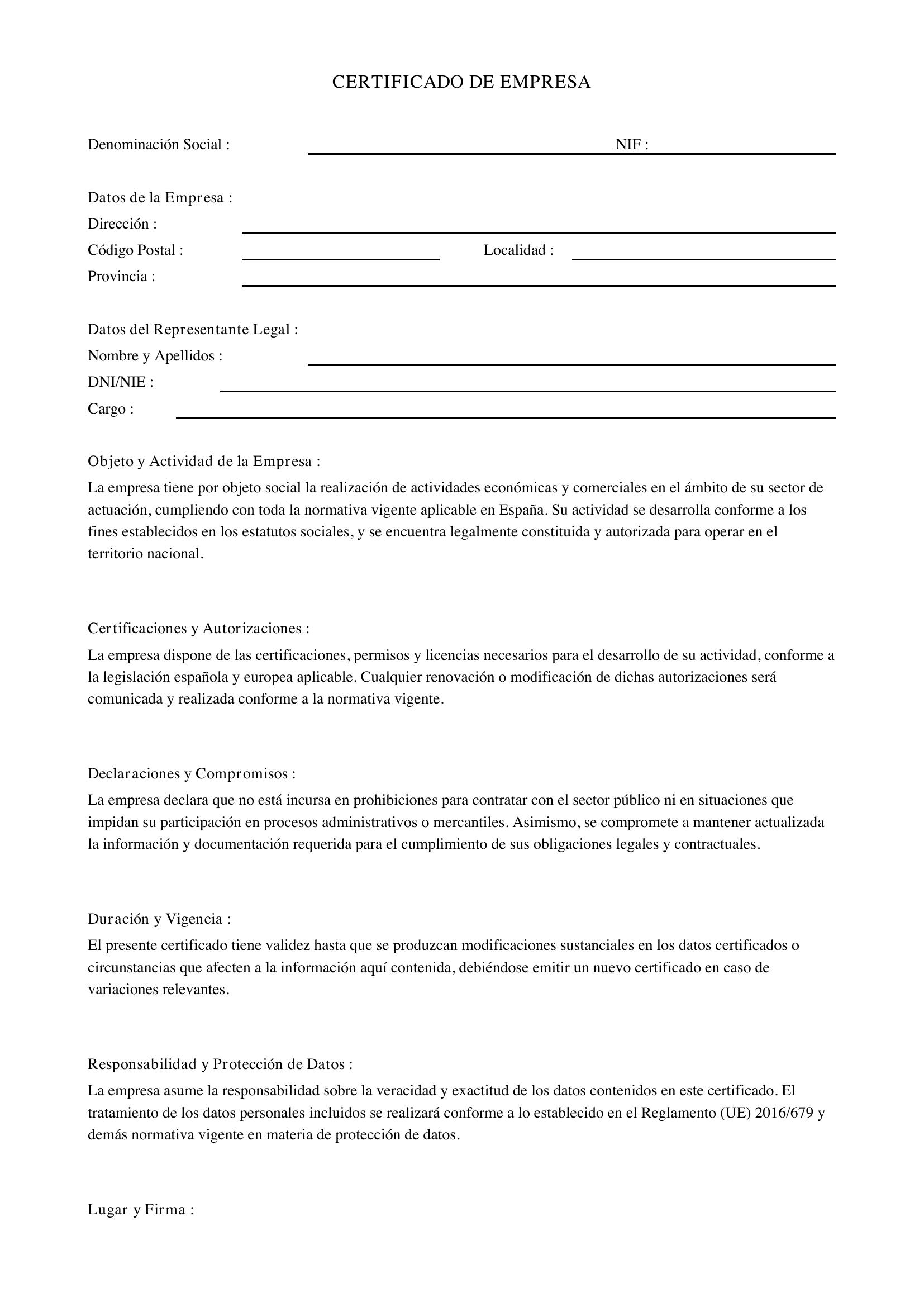 Modelo Certificado De Empresa