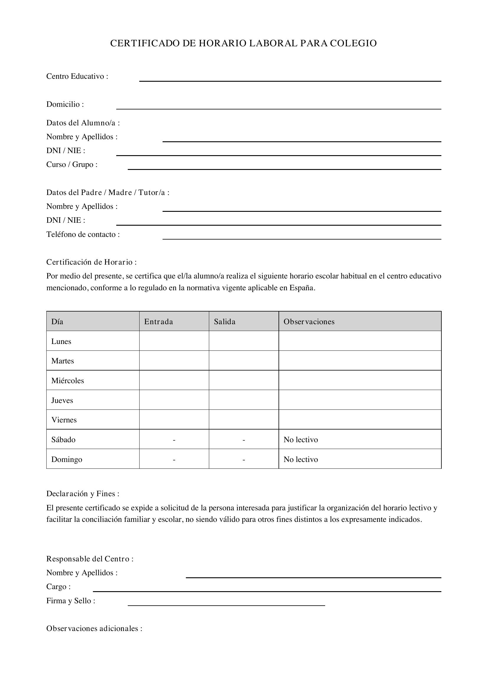 Modelo Certificado Horario Laboral Para Colegio