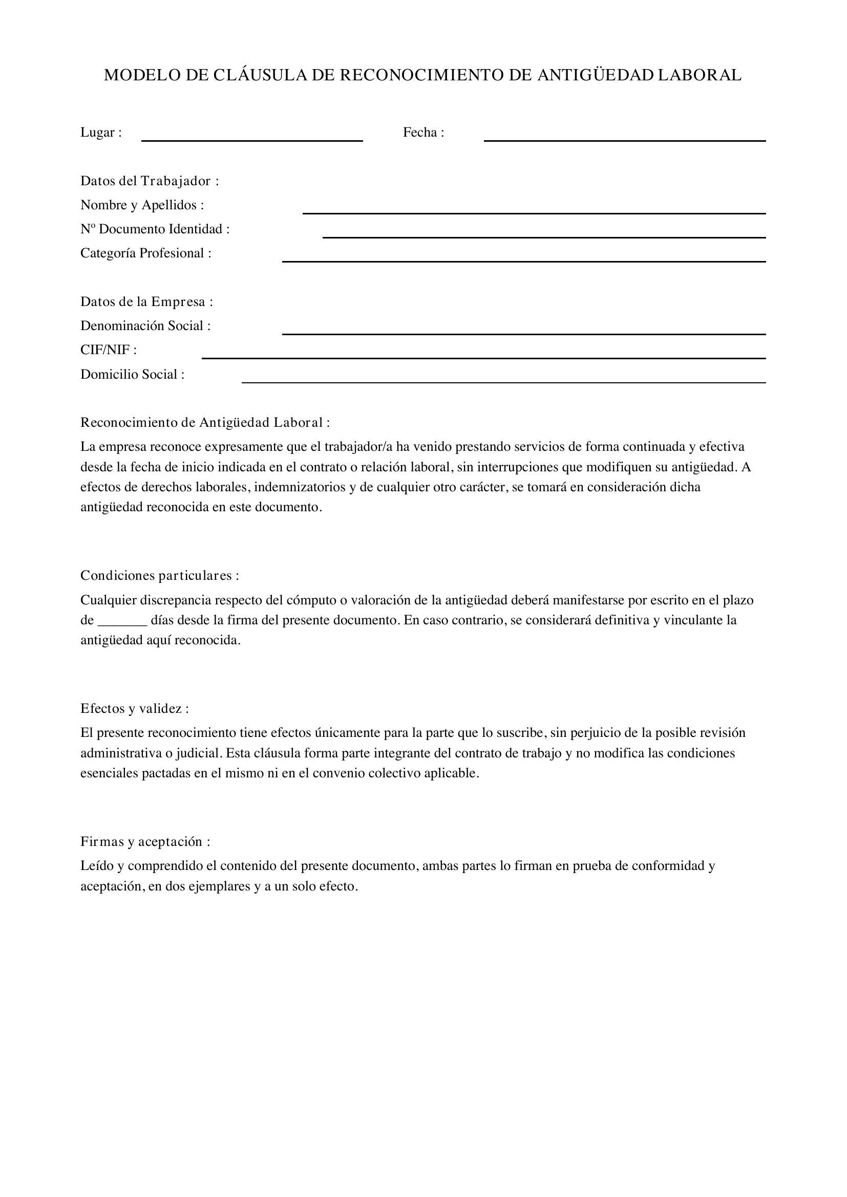Modelo Cláusula Reconocimiento Antigüedad Laboral