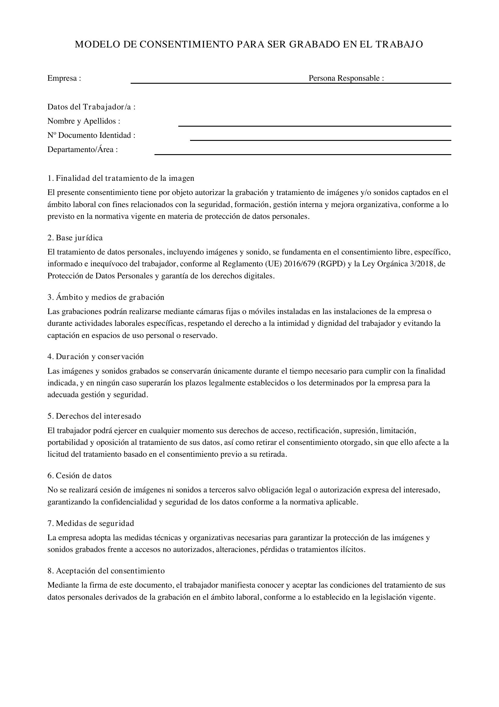 Modelo Consentimiento Para Ser Grabado En El Trabajo