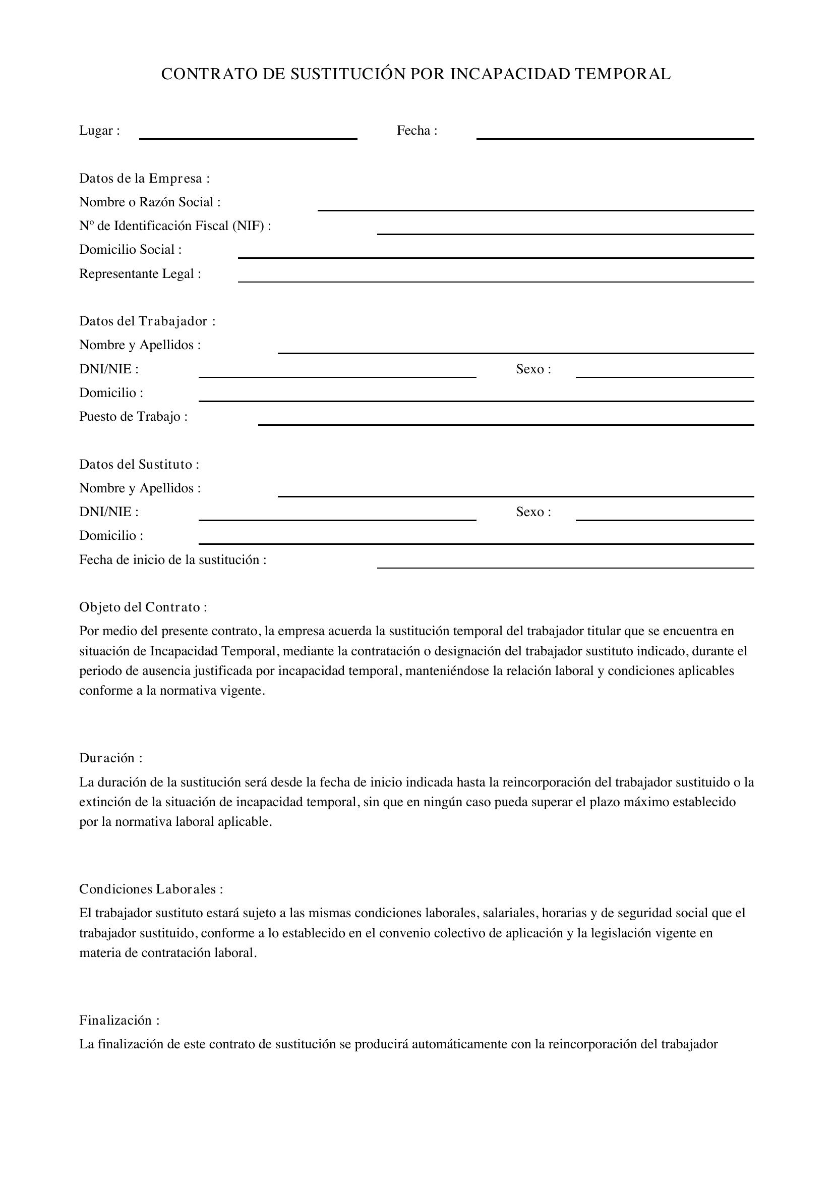 Modelo Contrato De Sustitución Por Incapacidad Temporal