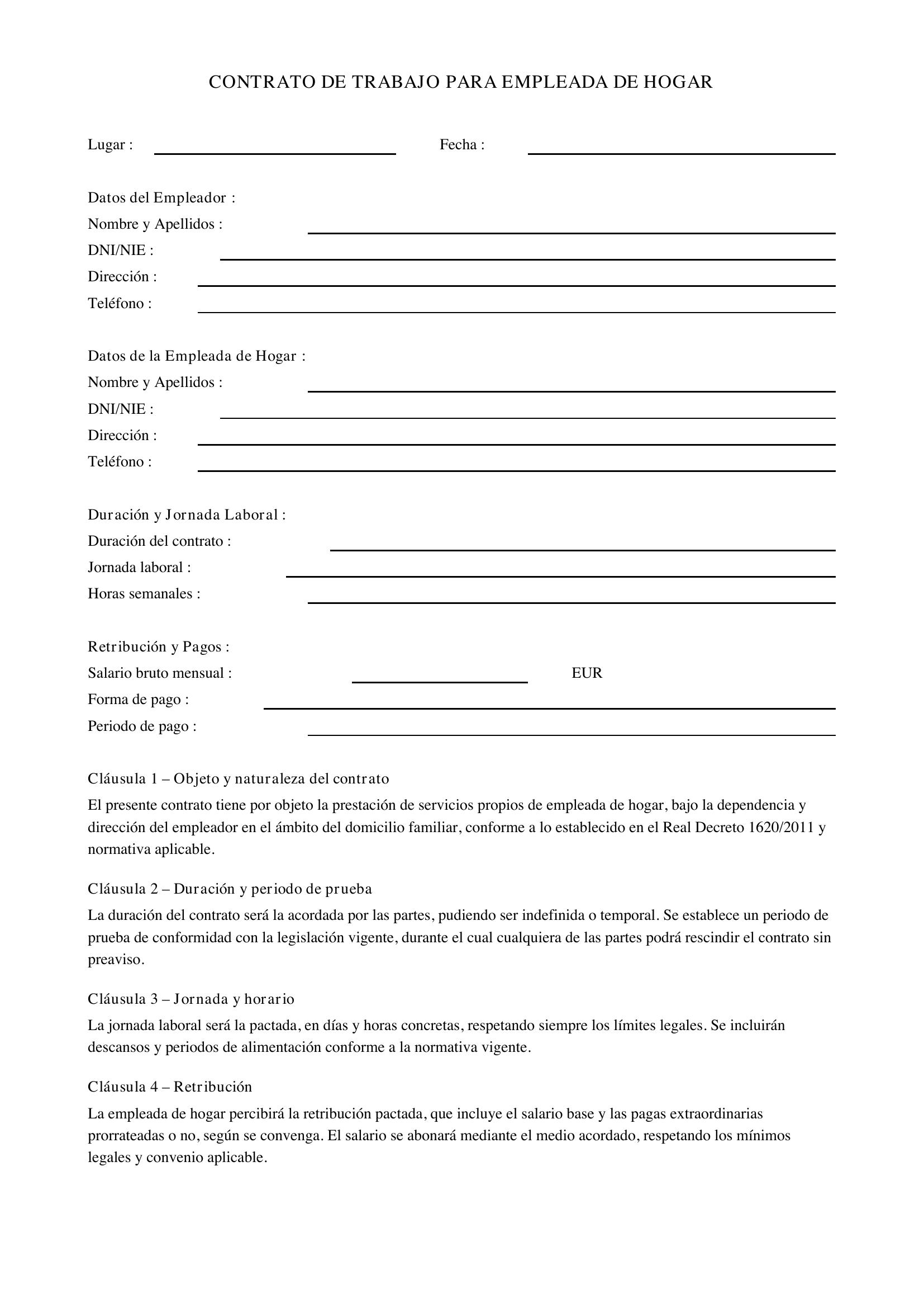 Modelo Contrato Empleada De Hogar