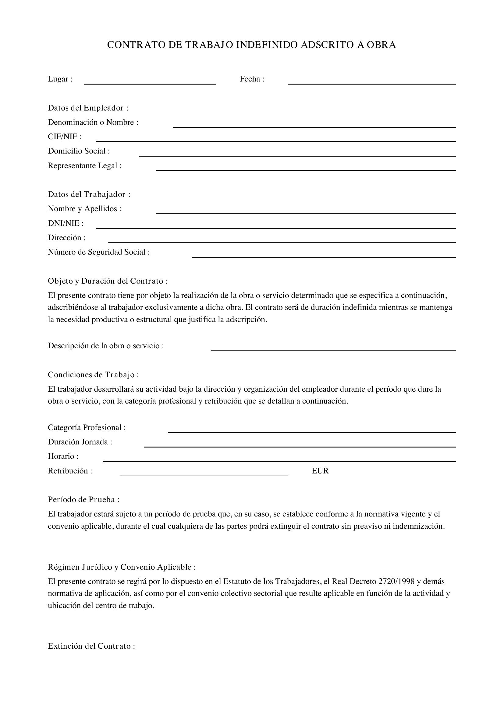 Modelo Contrato Indefinido Adscrito A Obra
