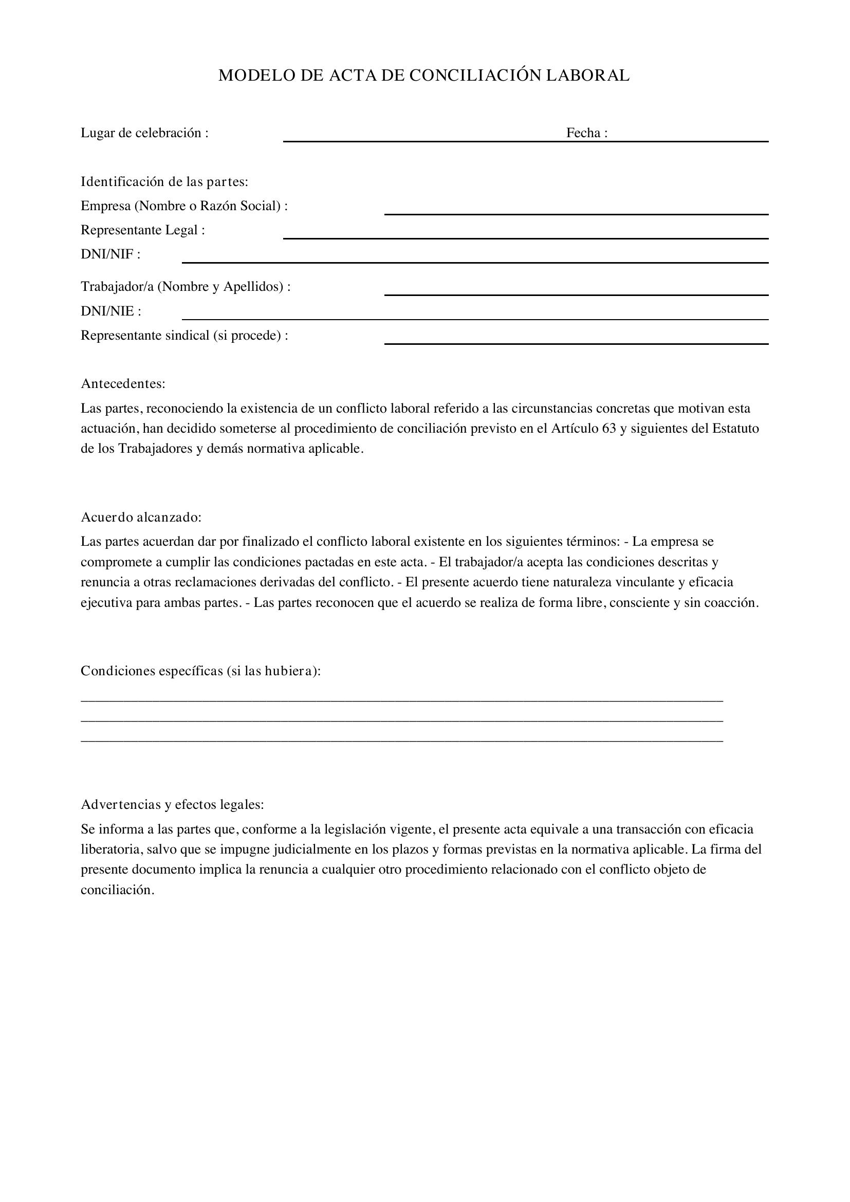 Modelo De Acta De Conciliación Laboral