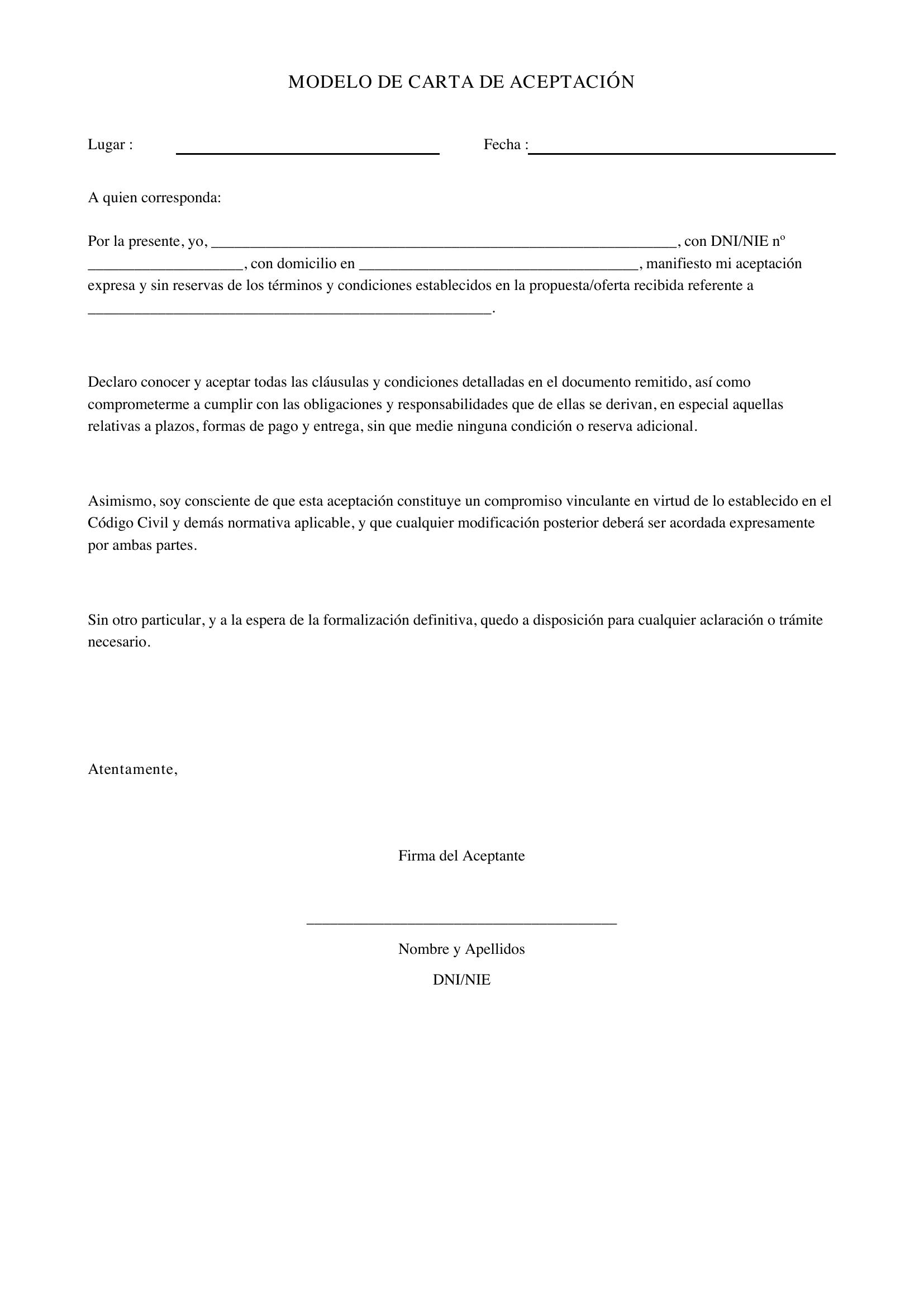 Modelo De Carta De Aceptación