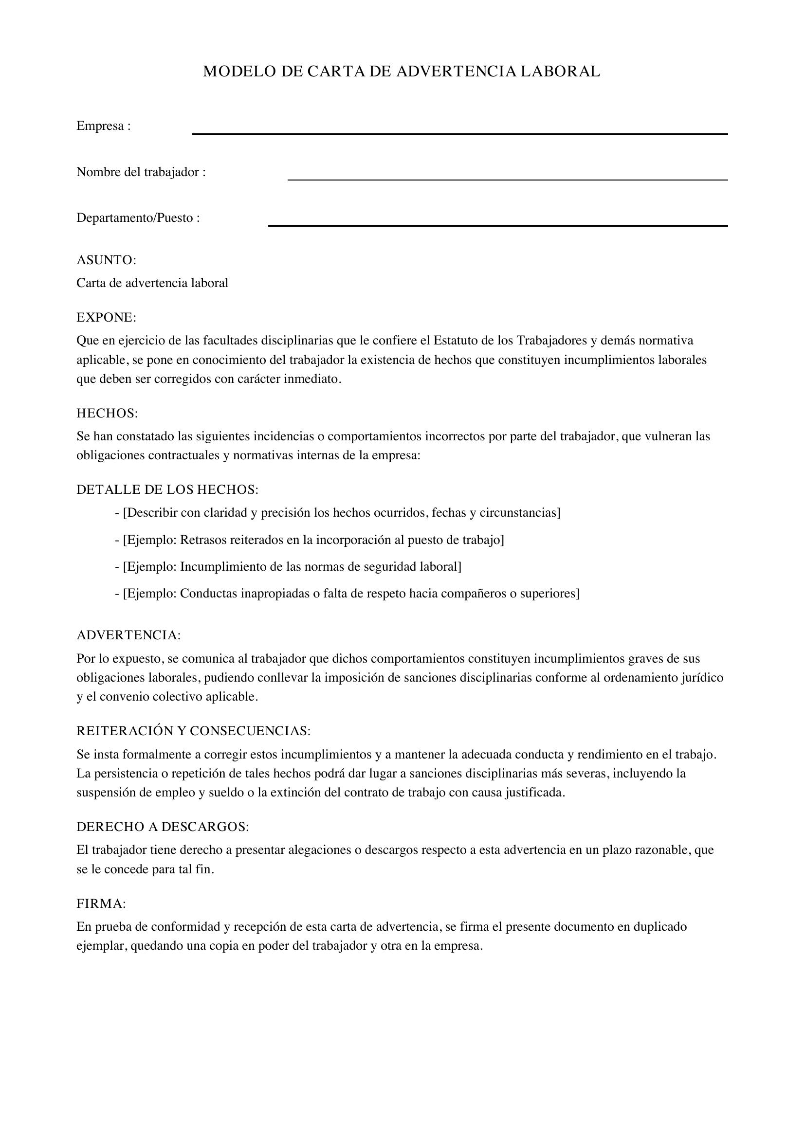 Modelo De Carta De Advertencia Laboral