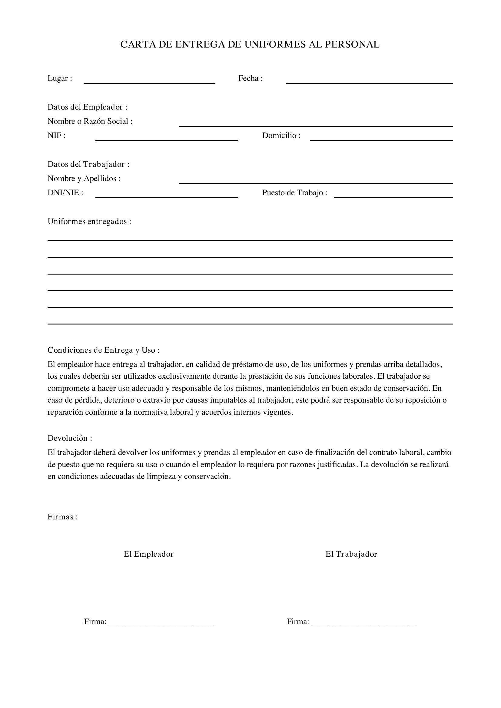 Modelo De Carta De Entrega De Uniformes Al Personal