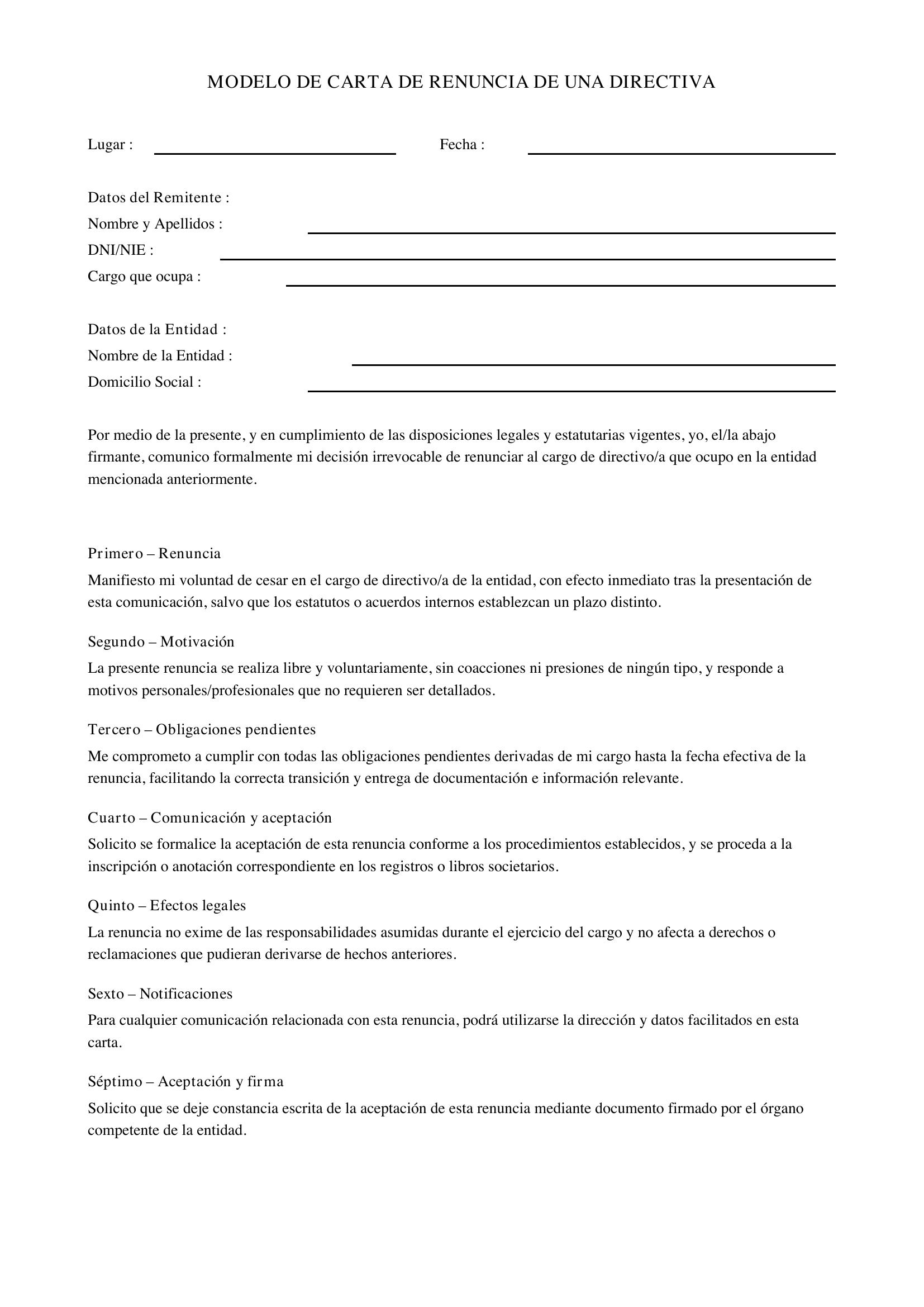 Modelo De Carta De Renuncia De Una Directiva