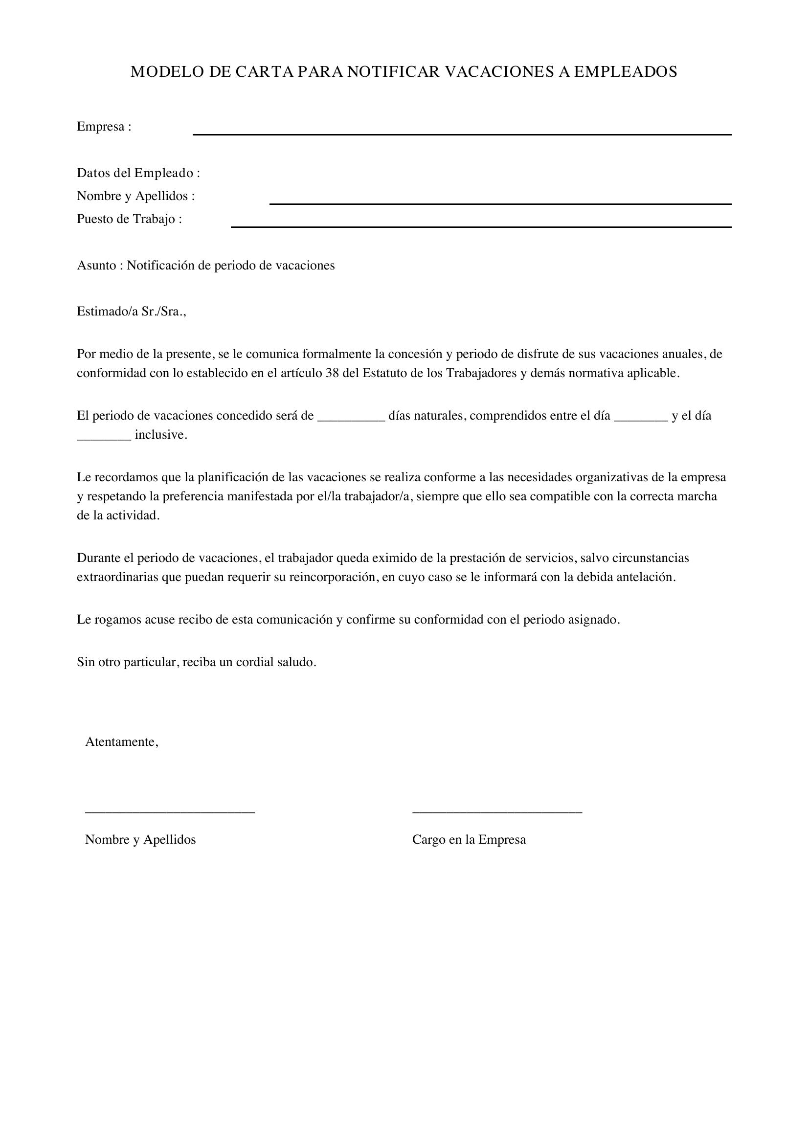 Modelo De Carta Para Notificar Vacaciones A Empleados