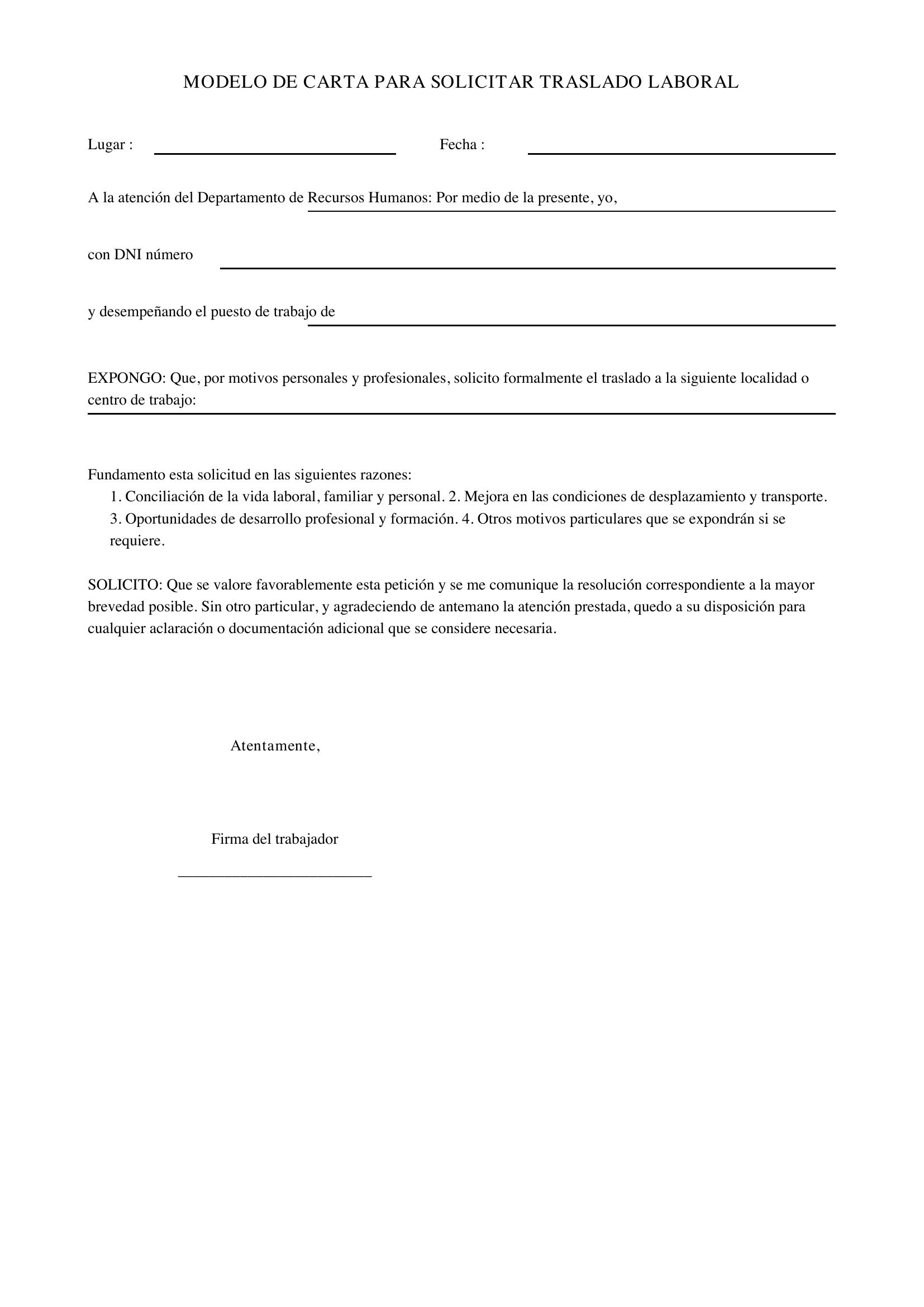 Modelo De Carta Para Solicitar Traslado Laboral